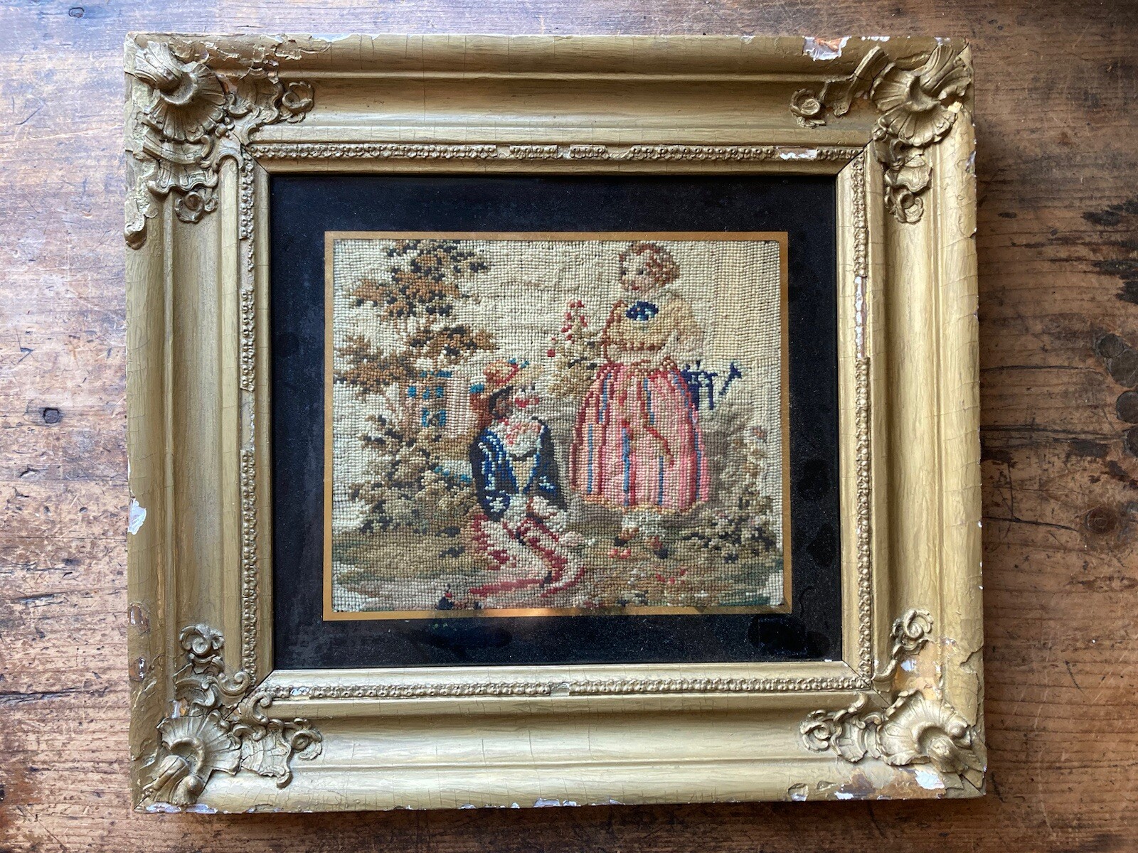 Nice Antique 18th 19th C Needlework Embroidered Young Couple folk art Framed