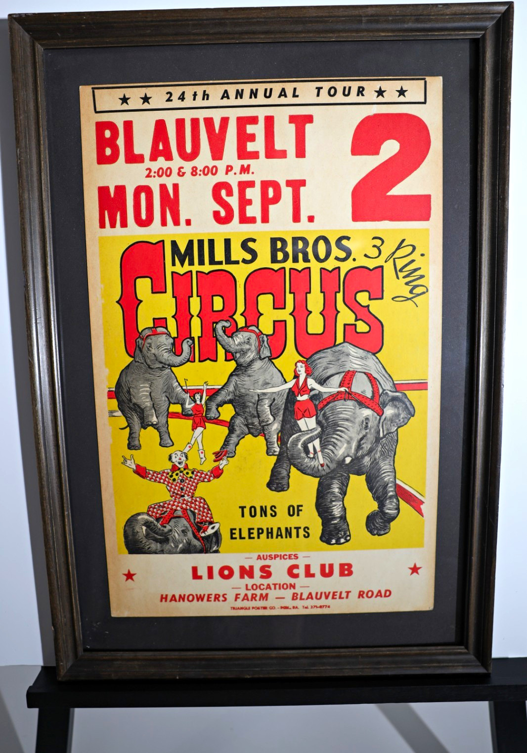 FRAMED Vintage 1963 Mills Bros Circus Poster Tons of Elephants Blauvelt NY 14x22