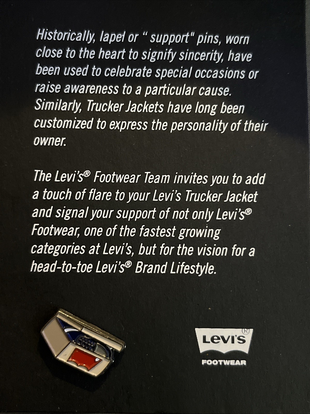 NWT Levi\'s Footwear Team Promotional Trucker Jacket Enamel Sincerity Jeans Pin