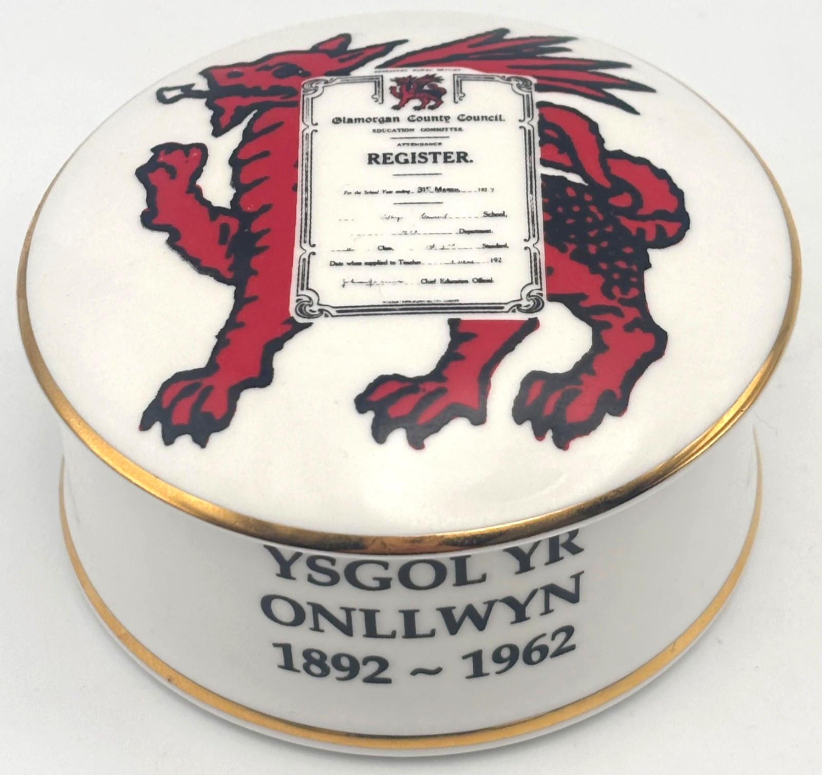 Vintage Welsh Dragon Lidded Trinket Dish Fine Bone China School Commemorative