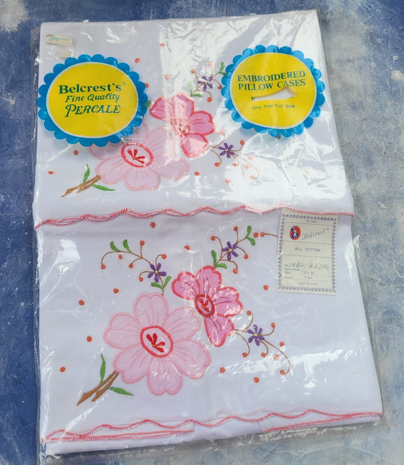2 Vintage Belcrest’s Embroidered  Pillow Cases Floral Percale Scalloped Edge NOS