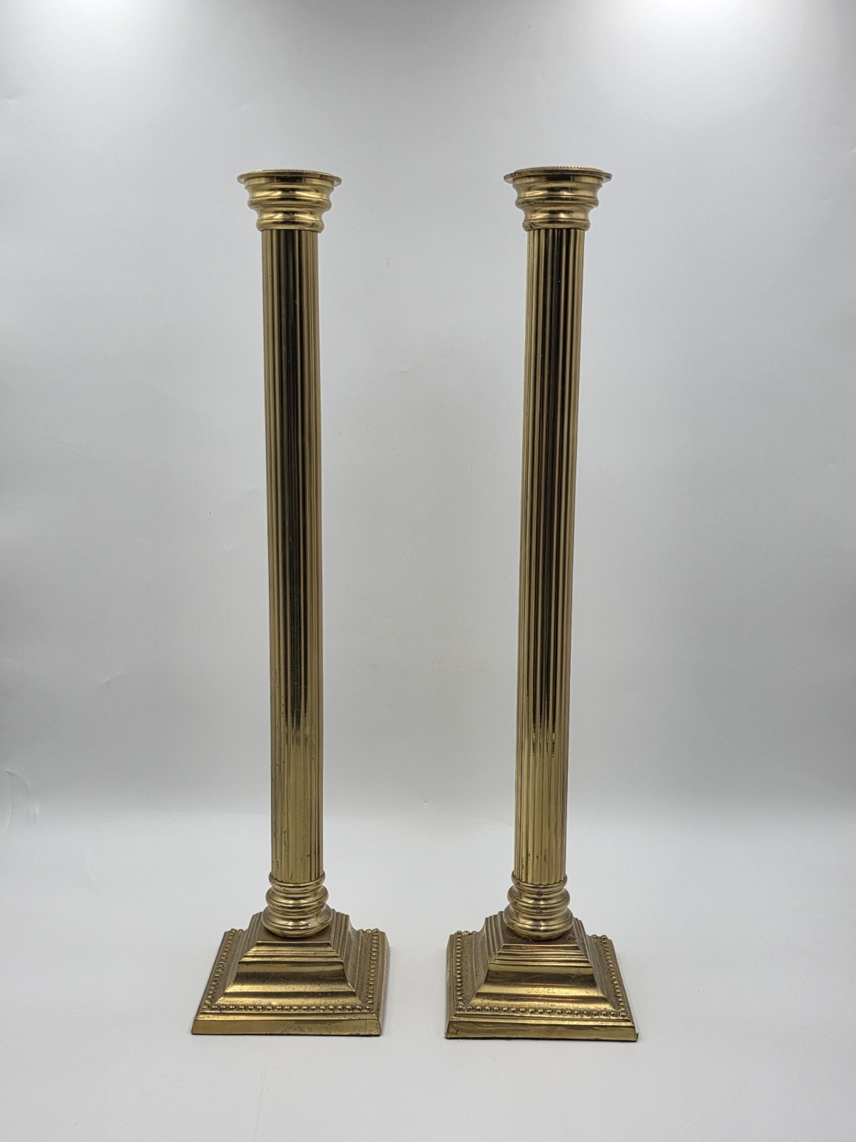 Pair Antique Monumental Brass Fluted Column Candlestick Neoclassical Regency 22”