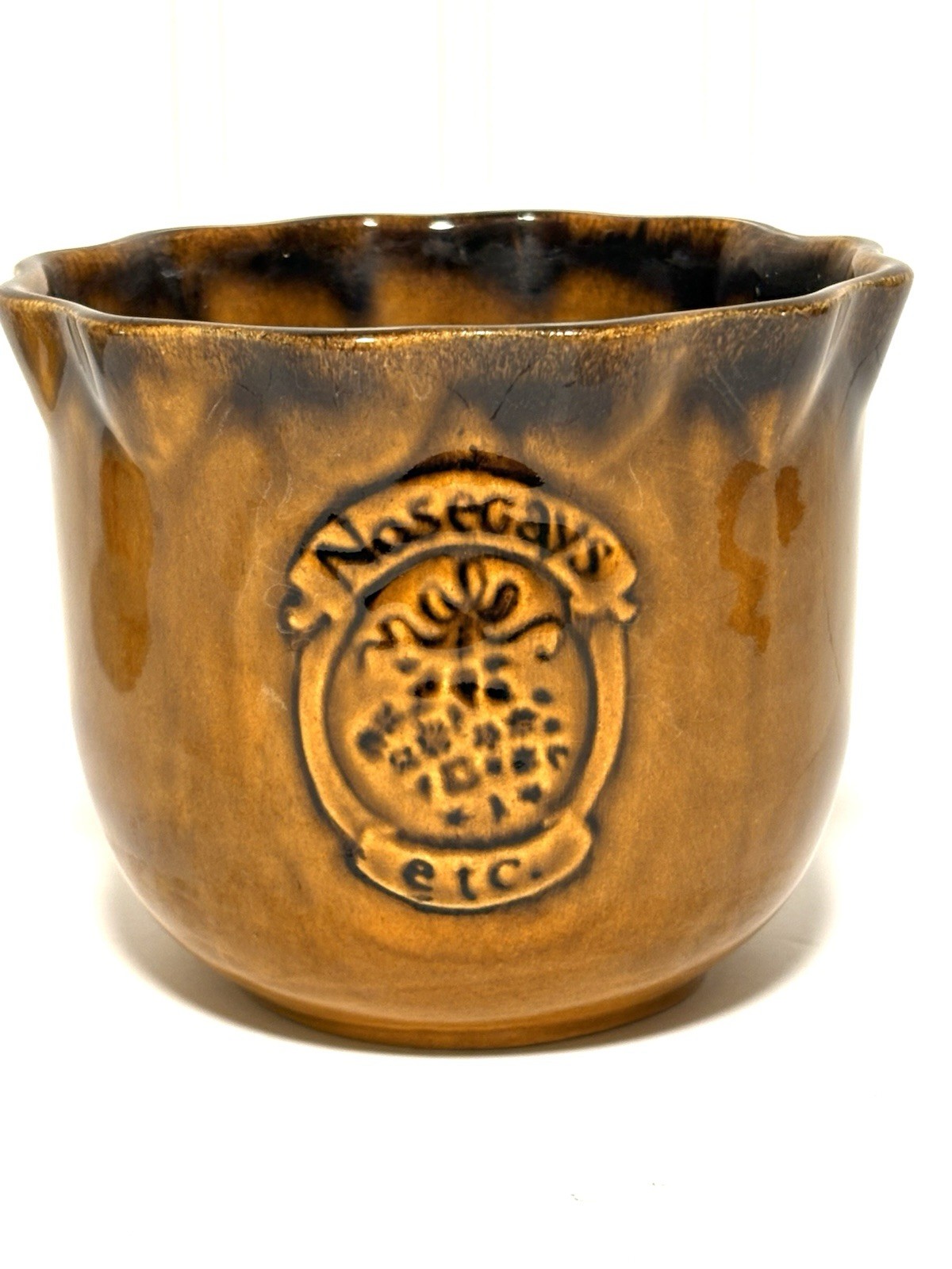 Vintage MCM Planter Romania Art Pottery “Nosegay” Brown Drip Glaze Ruffled  5”