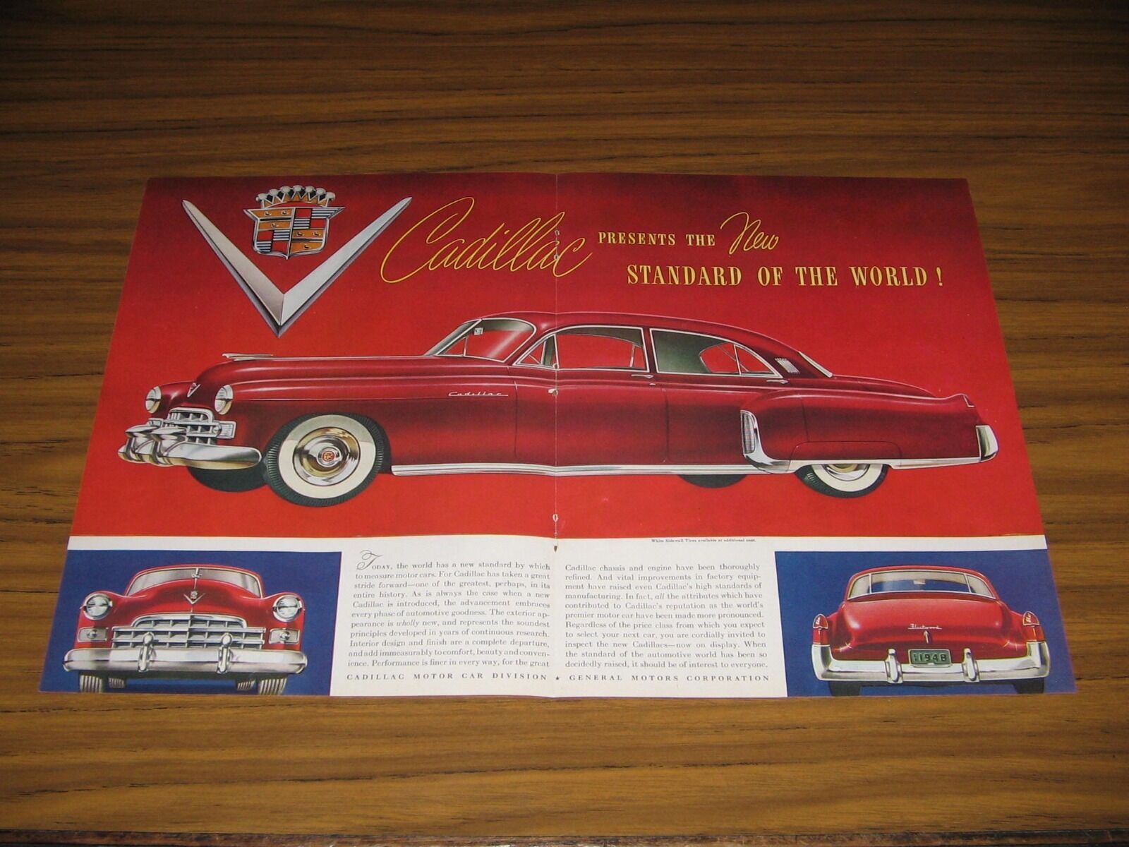1948 Print Ad Cadillac Red with White Sidewall Tires