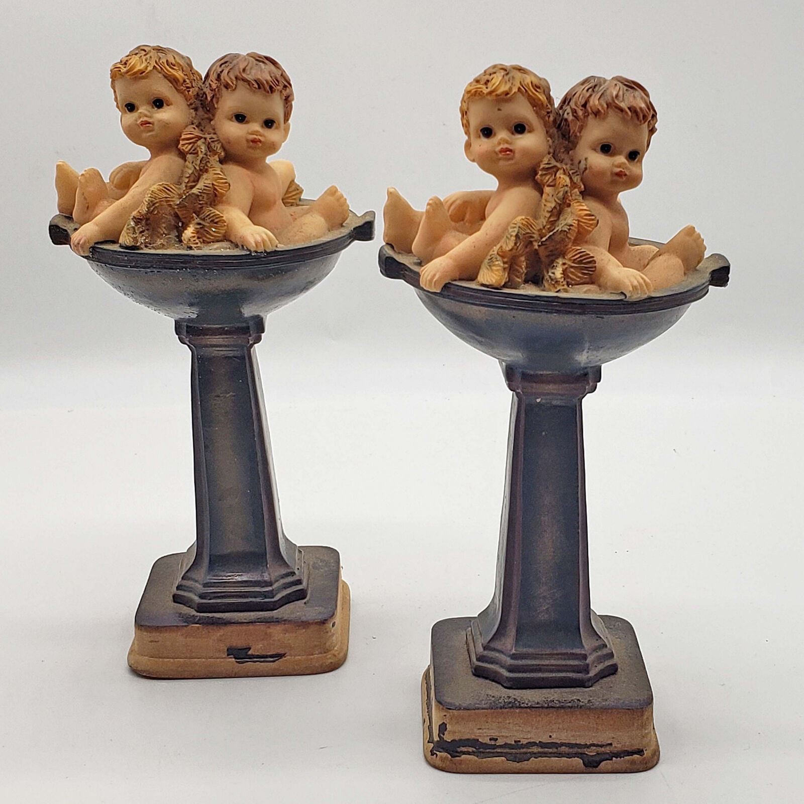 Vintage pair of ceramic pedestal babies cherubs bathing figurines