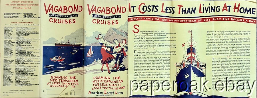 1934 American Export Lines Mediterranean Cruises  Brochure With Cartoon Map