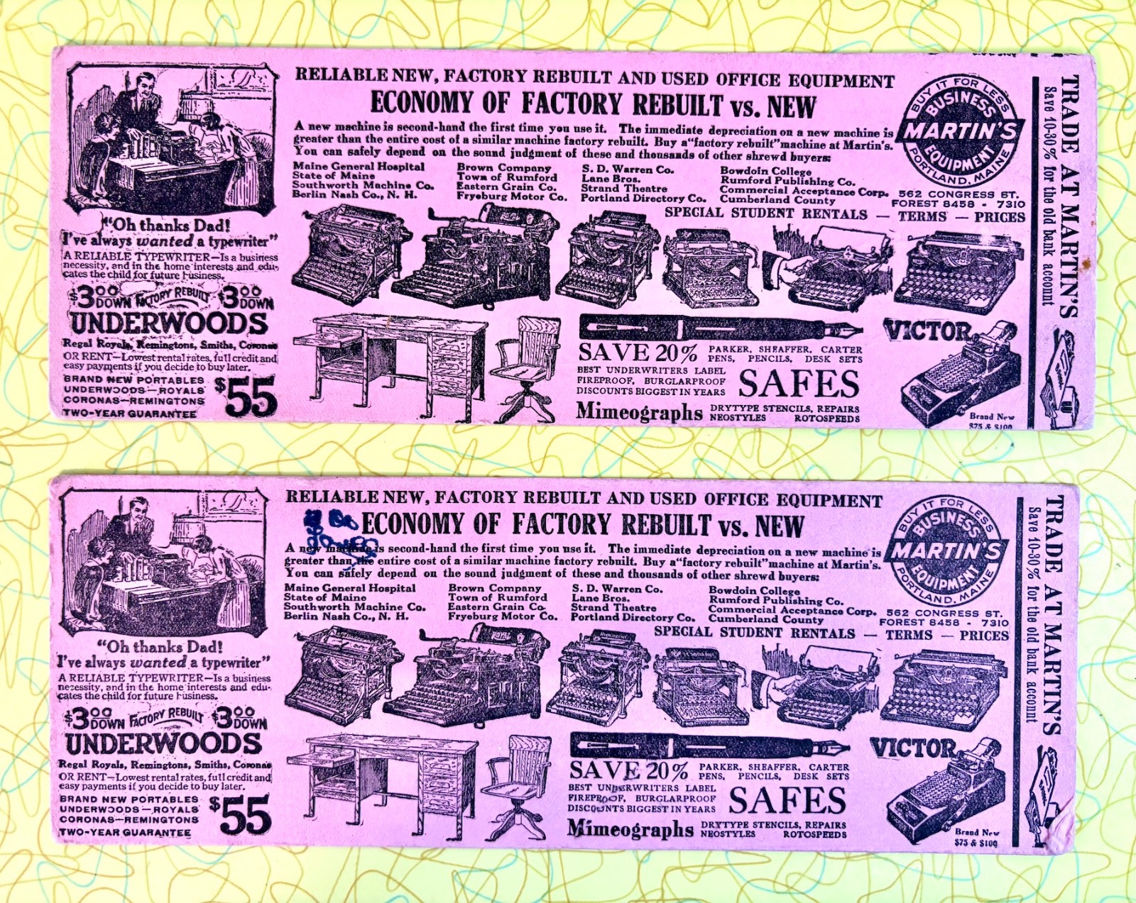 Lot of 2 Vintage Martin\'s Business Equipment Portland ME Advertising Blotters