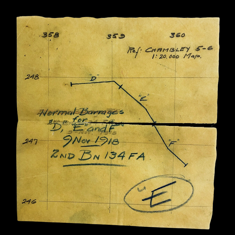 WWI Lt. McKey 134th Field Artillery 1918 Meuse Argonne Artillery Barrage Sheet 