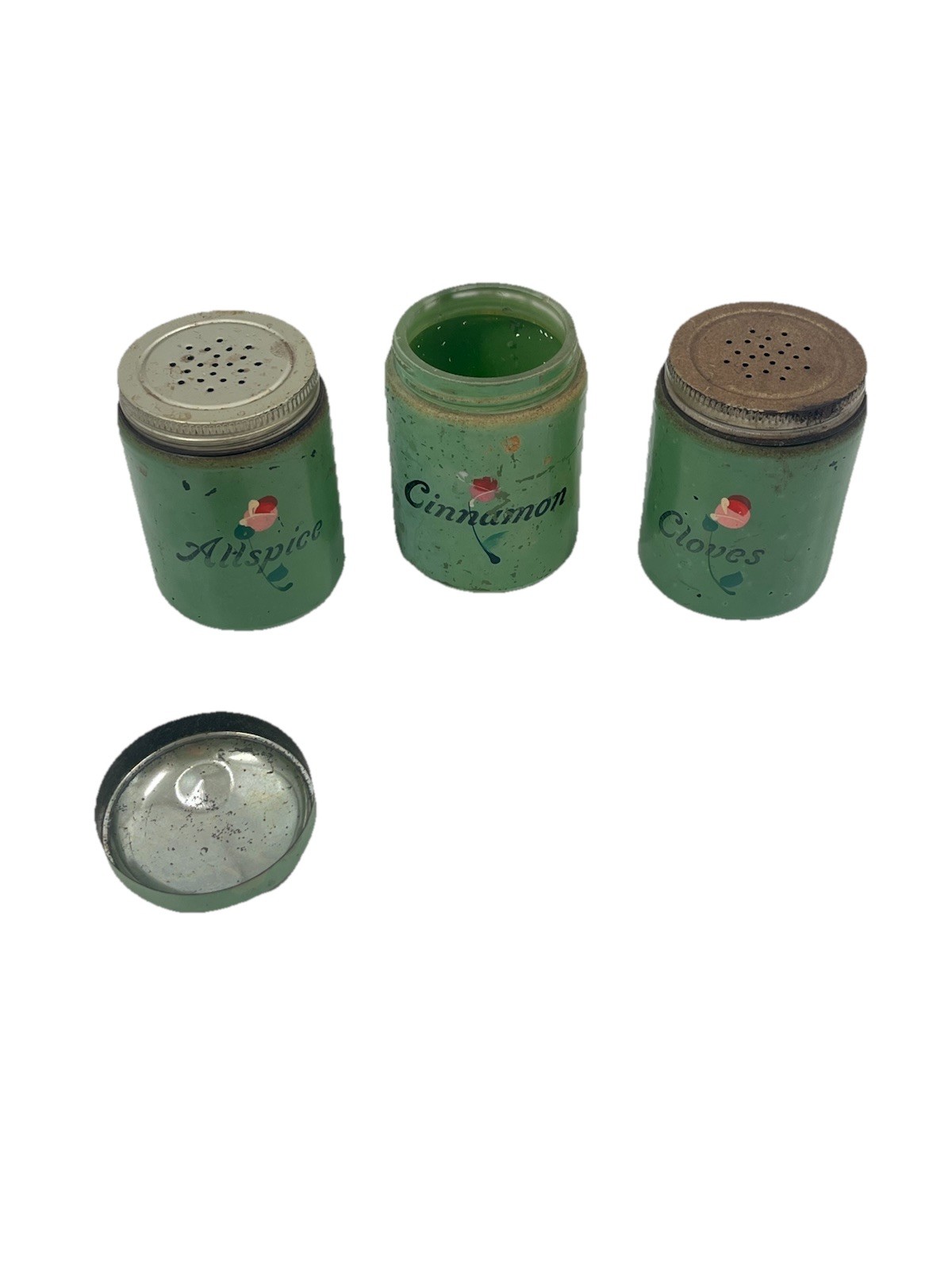 Vintage Green Depression Glass Spice Jar Set Floral Kitchen Decor 