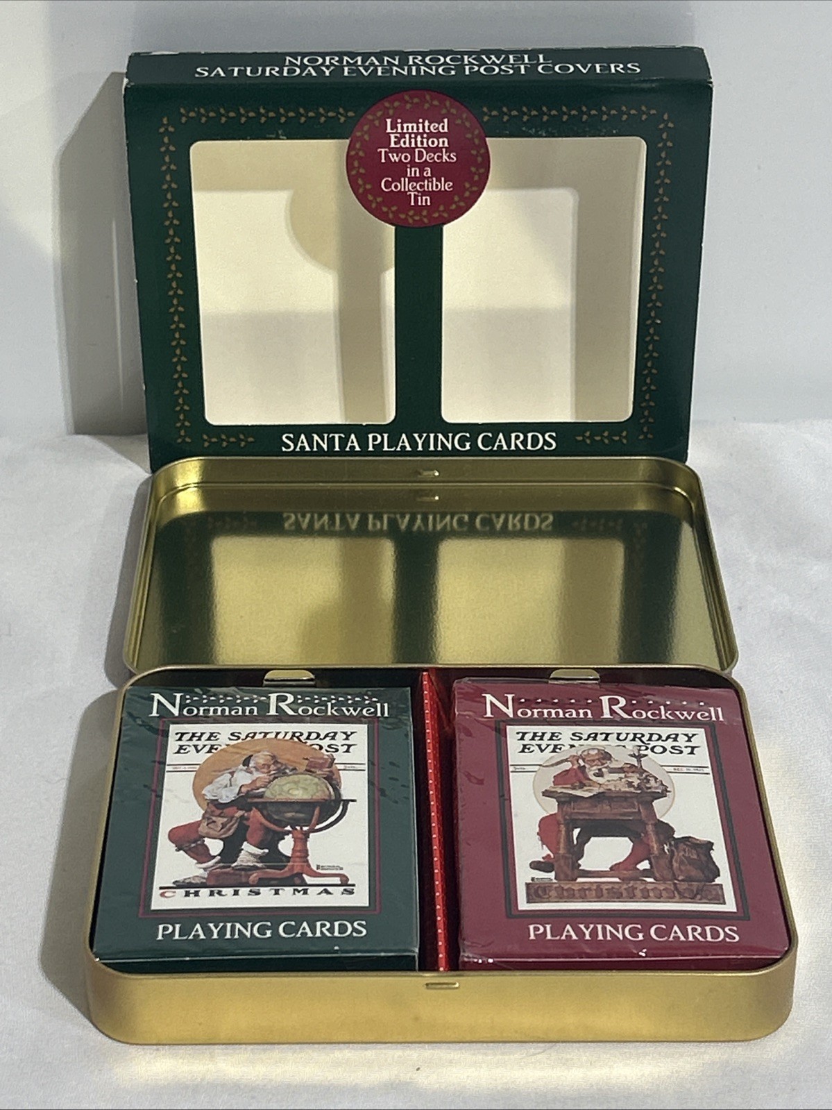 Vintage Rockwell Saturday Evening Post Christmas Playing Cards 2 Deck Poker Tin