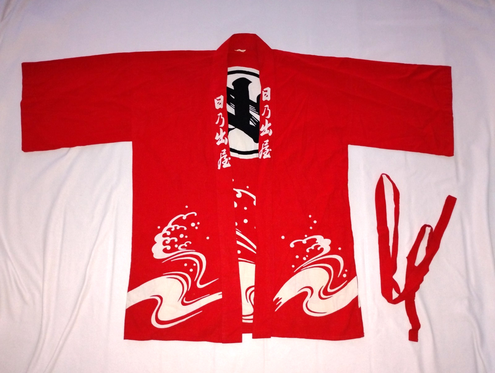 VINTAGE JAPANESE HAPPI COAT RED COTTON FESTIVAL HANTAN KIMONO JACKET WAVE SASH