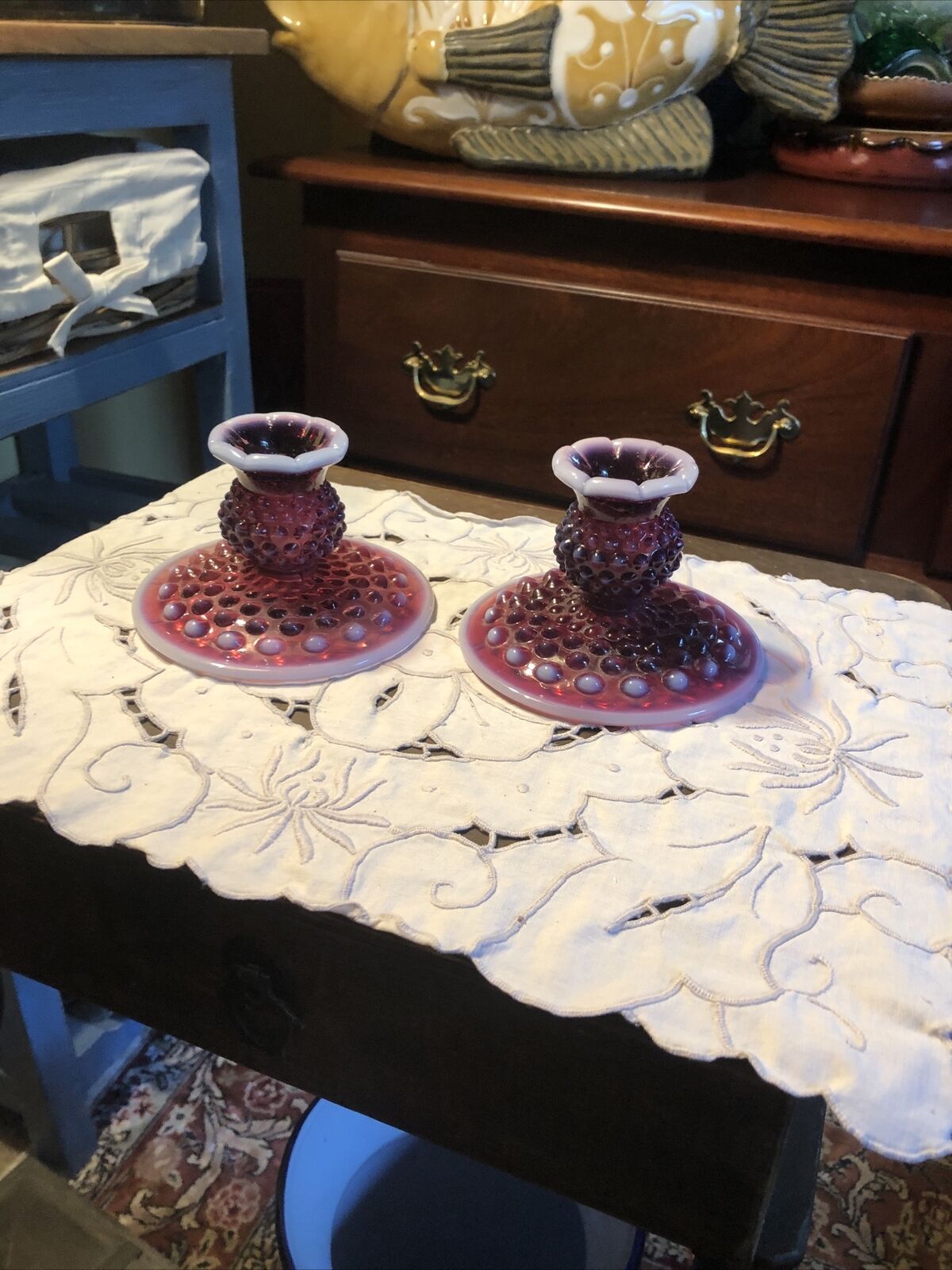 2 Gorgeous  Antique Fenton Plum Opalescent Hobnail Art Glass Candlesticks