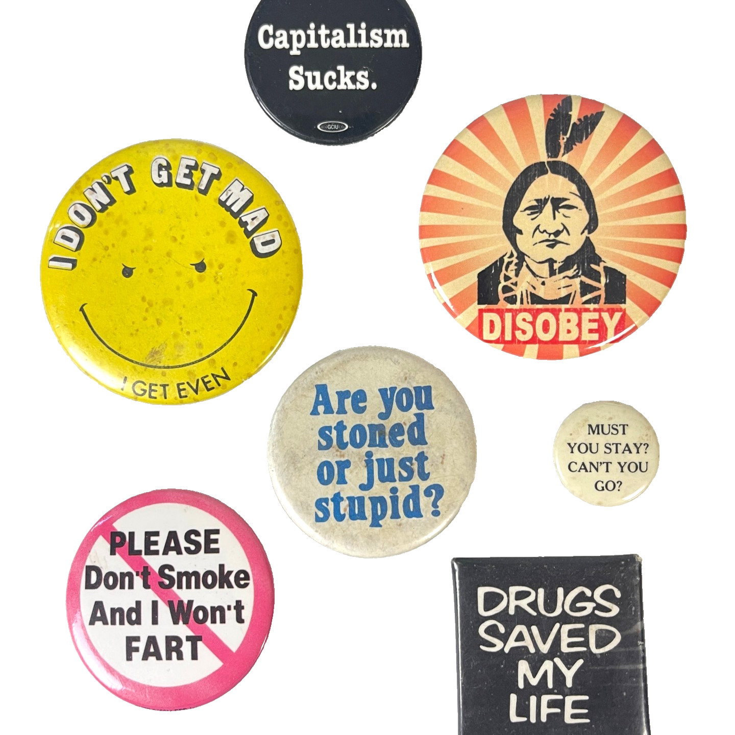 Punk Novelty Slogans Stoned Stupid Smoke Fart Disobey Mad Even 7 Vtg Button Lot