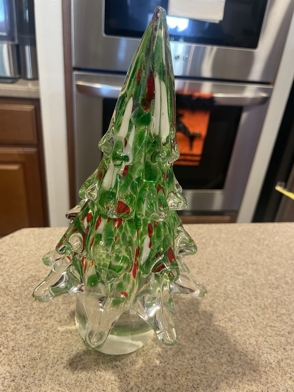Vintage Murano Style Art Glass Christmas Tree Red Green White Hand Blown 9.5”
