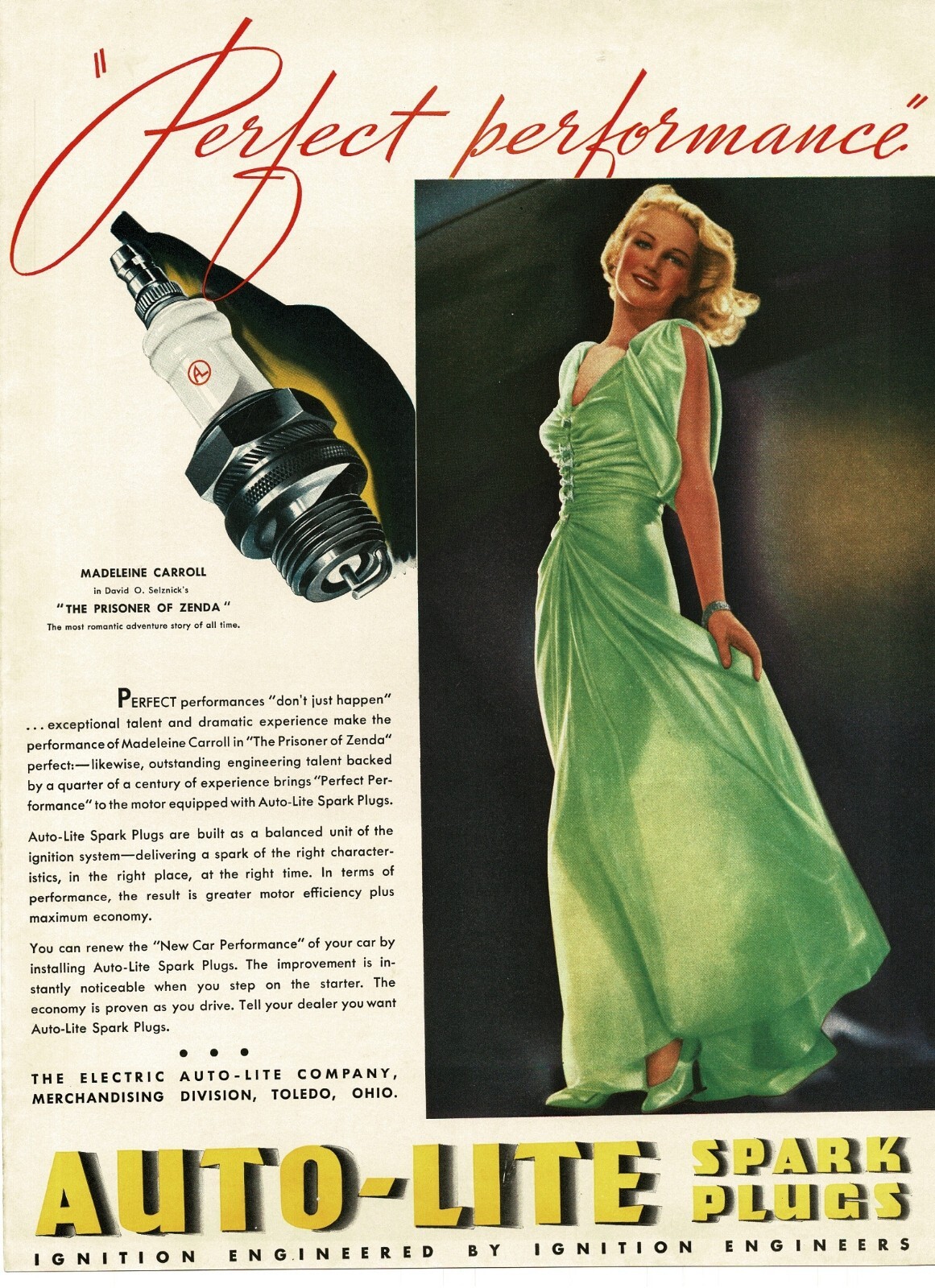 1937 Auto-Lite Spark Plugs Madeleine Carroll movie actress Vintage Print Ad 2