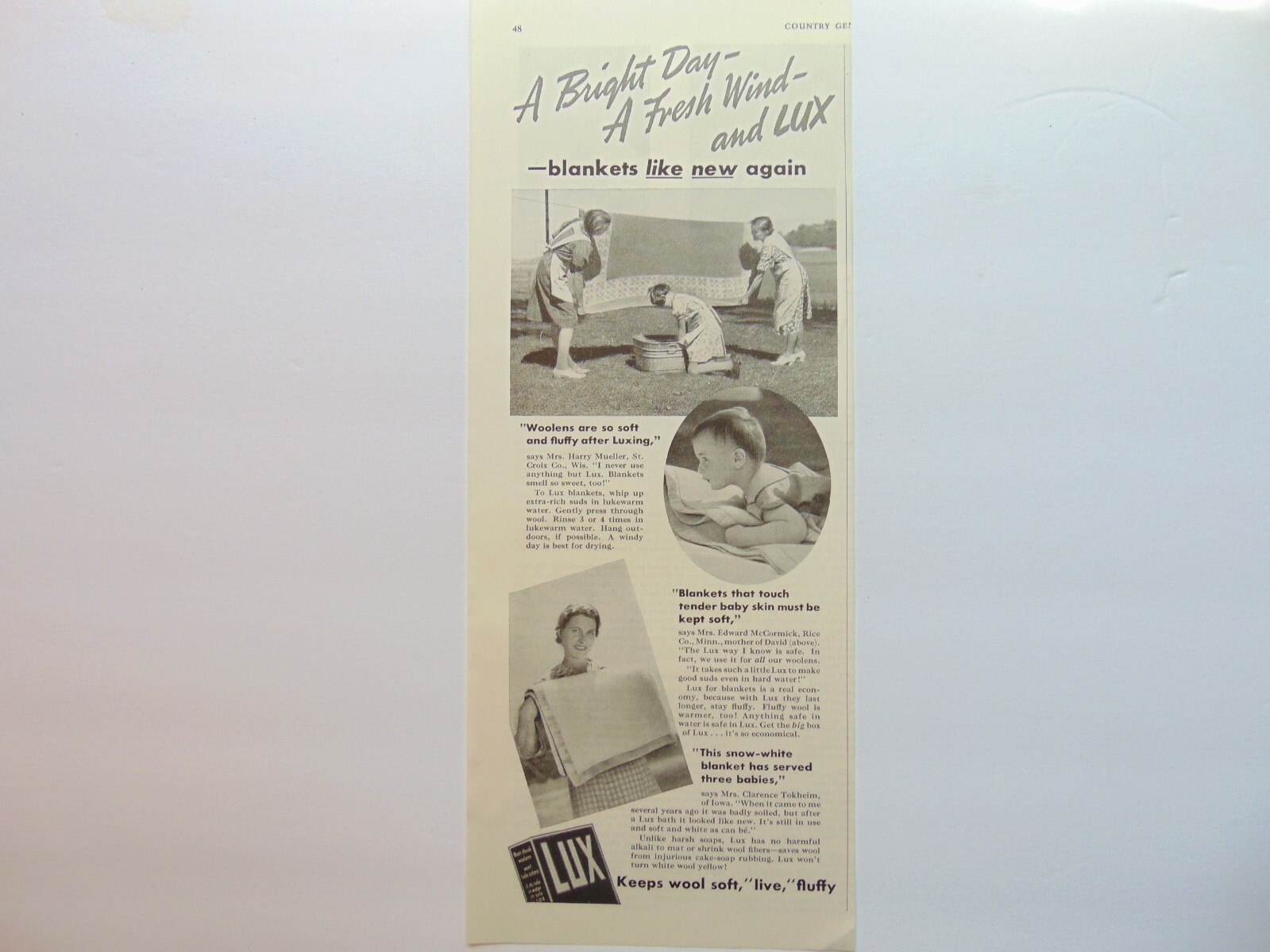1938 LUX Laundry Soap Women clothesline washtub Keeps Wool Live vintage print ad