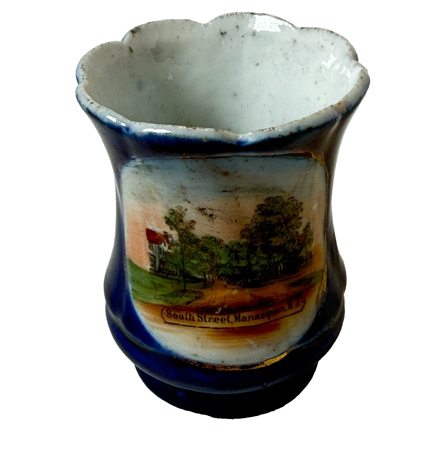 SOUTH STREET MANASQUAN NJ NEW JERSEY  Souvenir Porcelain Trinket ANTIQUE COBALT
