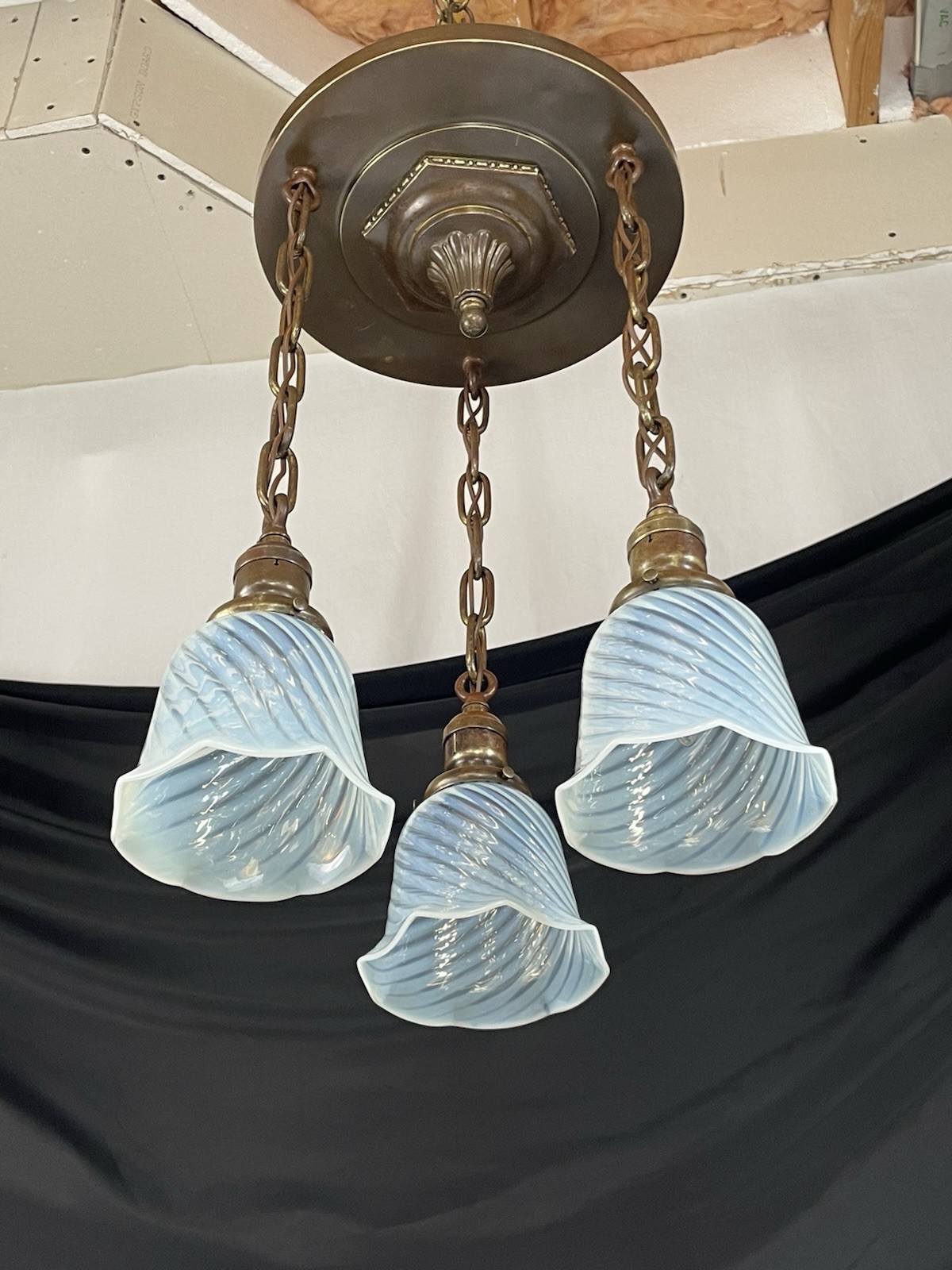 RESTORED Antique Vtg Arts & Crafts Deco Victorian Flush Mount Chandelier Brass