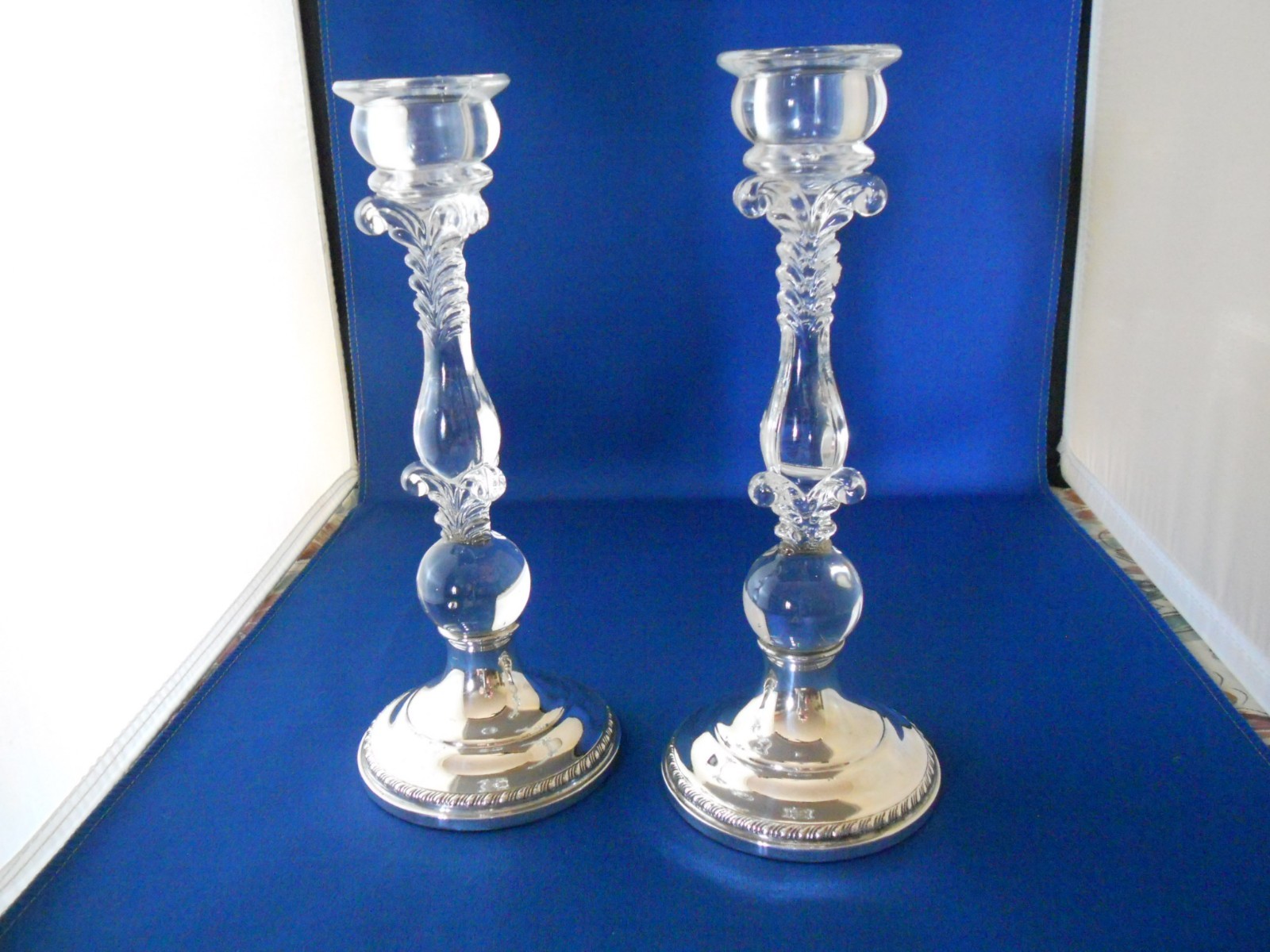 Pair Antique Cambridge Pattern 3121 Glass & Sterling Silver Candlesticks 9\