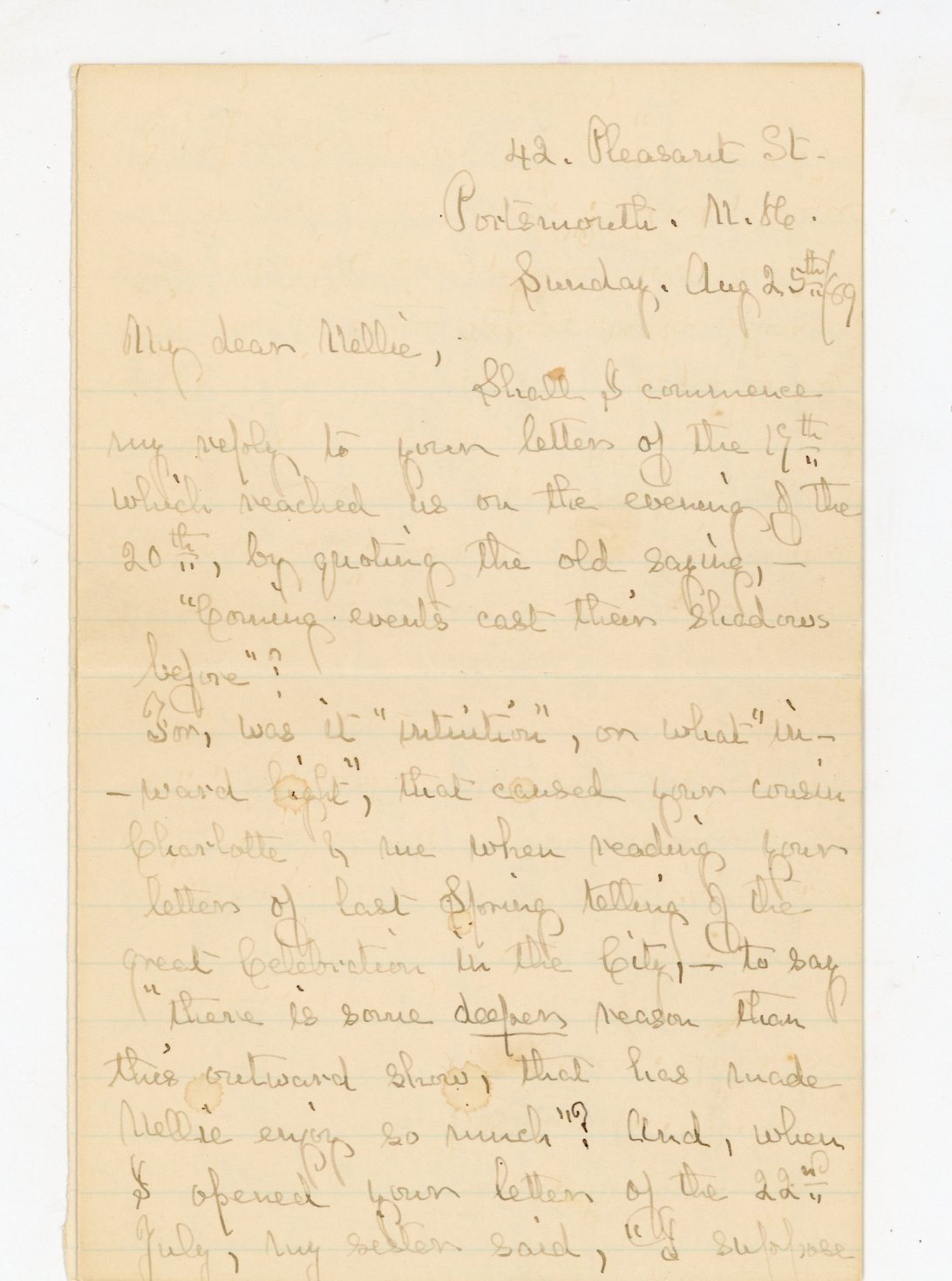 1869 Autograph Letter Signed Portsmouth NH Eliza A. Haven Cousin Nellie England