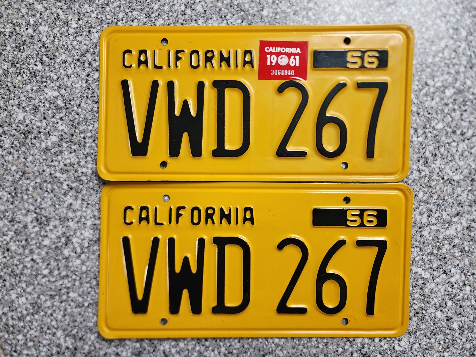 1956 California License Plates, 1961 Validation Sticker, DMV Clear Guaranteed VW