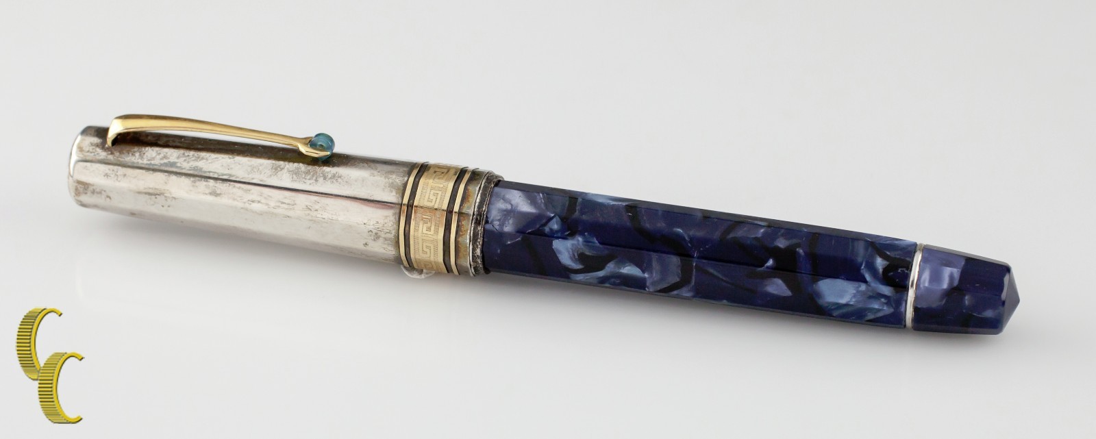 Omas Celluloid Paragon Blue Royale Rollerball Pen w/ Stainless Steel Cap