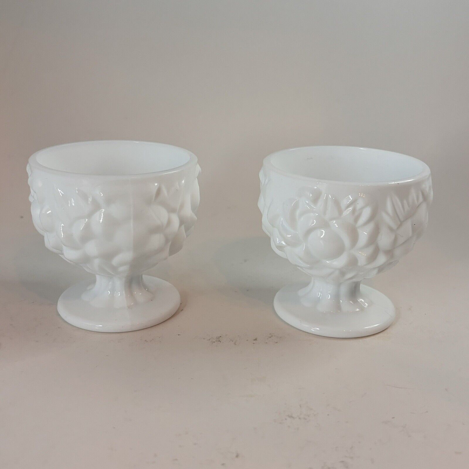 Vintage Set of Milk Glass Candlestick Holders Footed Floral Bouquet