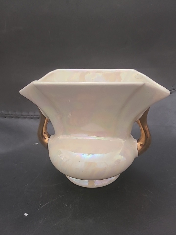Vintage Iridescent Lustreware Vase with Gold Handles Flared Top Ceramic