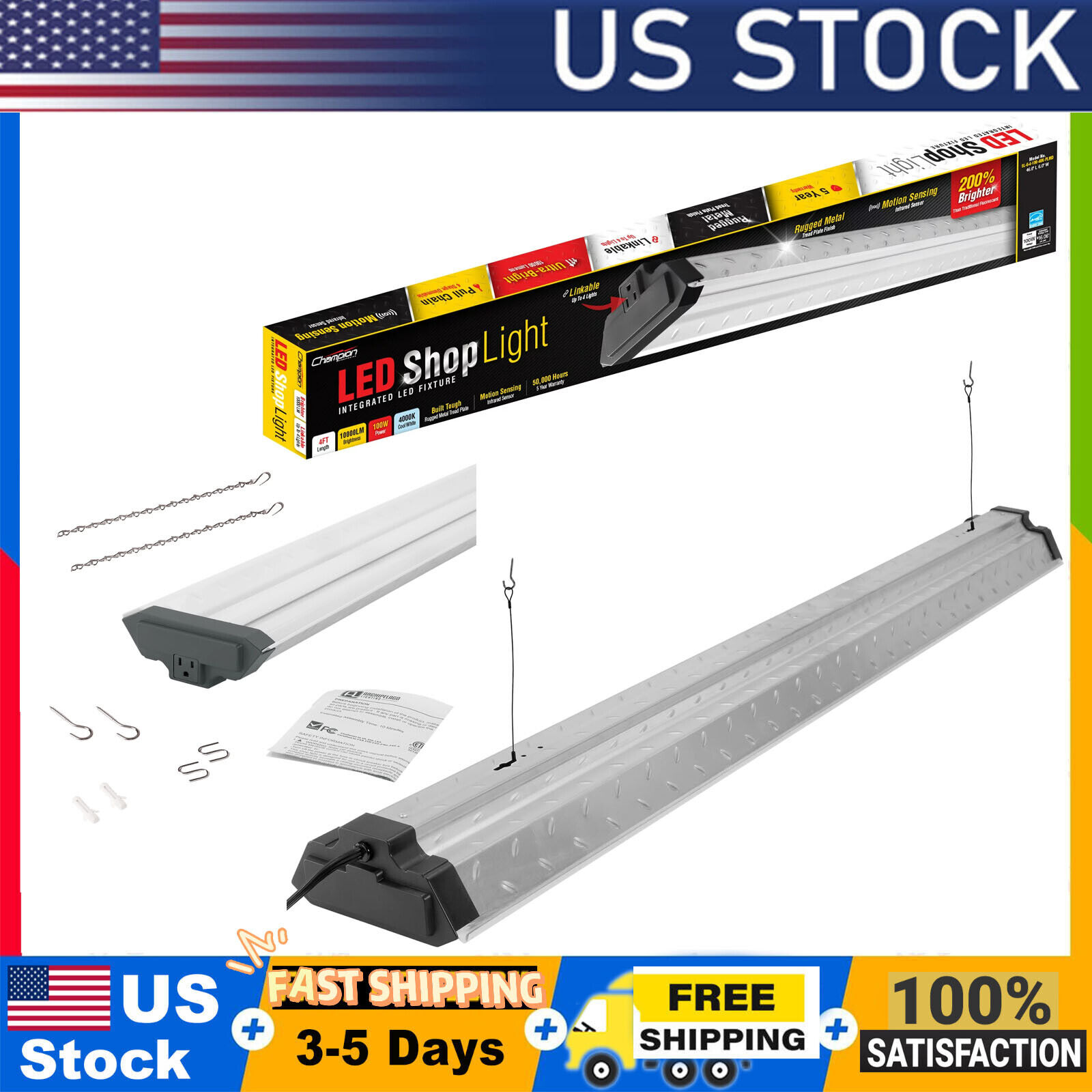 4ft LED Shop Light 10,000 Lumen with Motion,Steel Tread Plate,Dimmable,3.4 lbs.