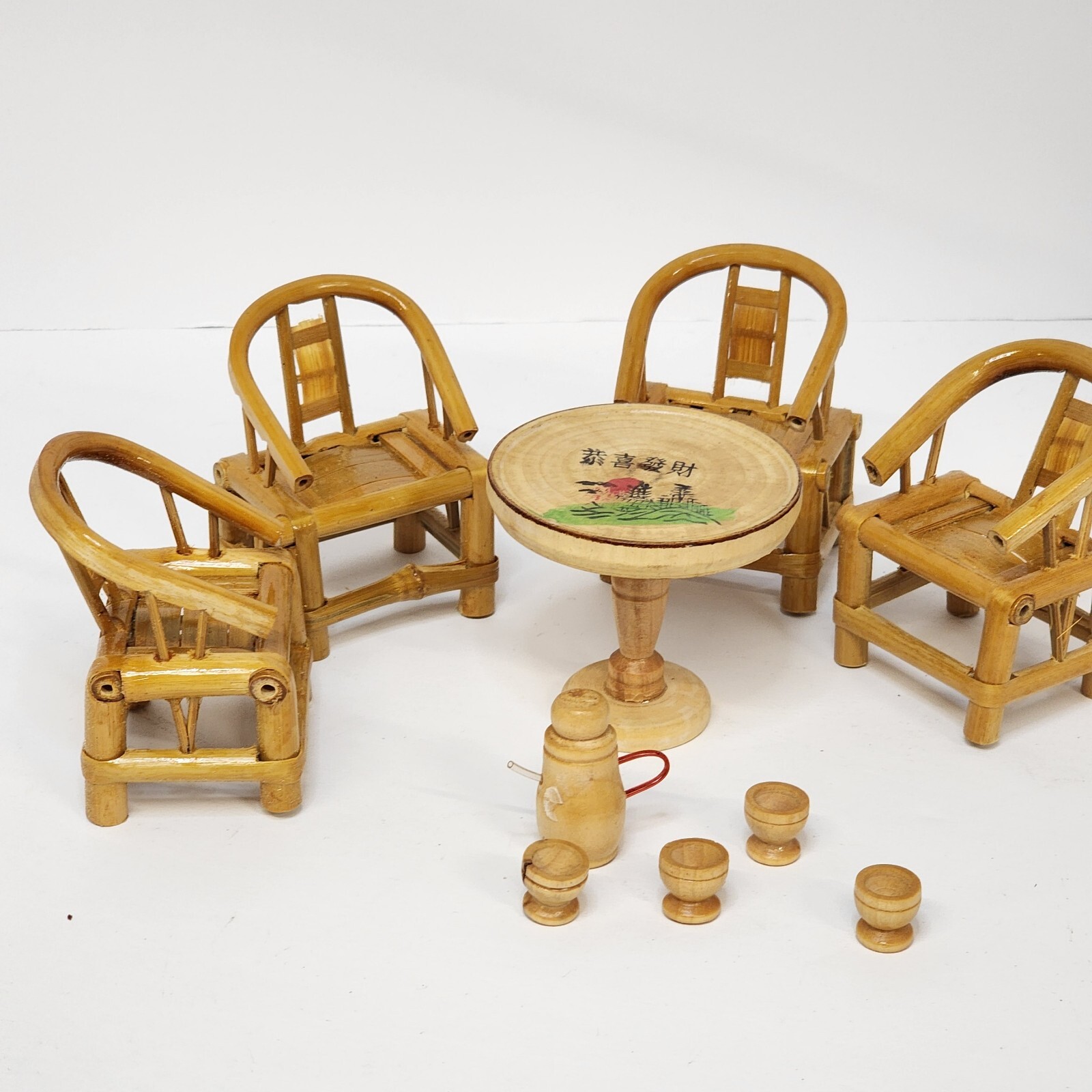 Delicate Bamboo Set Of Chineese Table, 4 Chairs And Tea Set