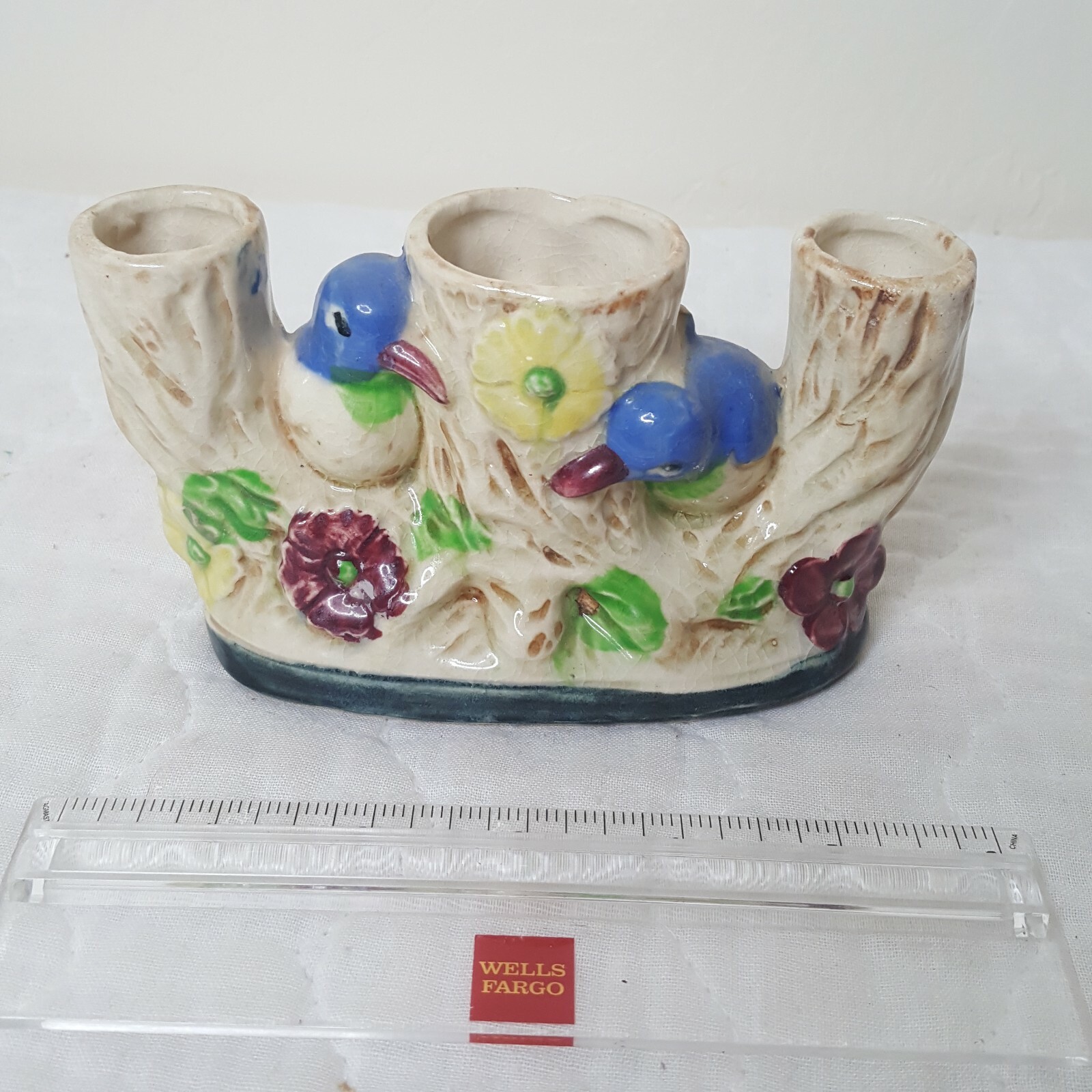 VTG Occupied Japan 2 Blue Bird 3 Section Ceramic Planter Vase  5 x 3.5 x 2.25\