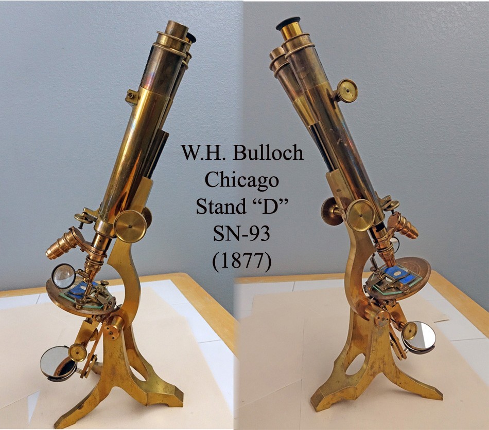 W H BULLOCH CHICAGO ANTIQUE BRASS BINOCULAR MICROSCOPE STAND 