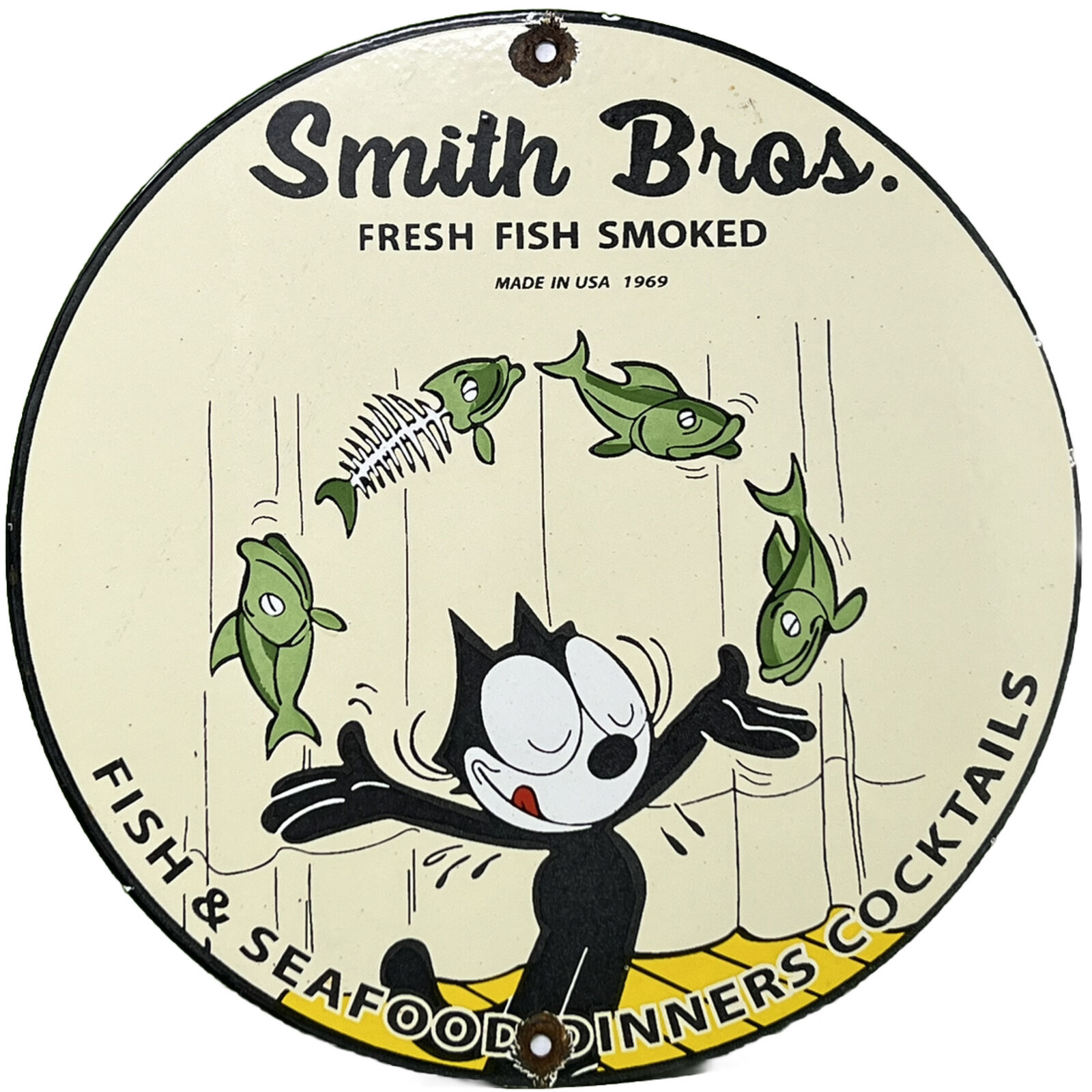 VINTAGE SMITH BROS SMOKED FISH PORCELAIN SIGN FELIX THE CAT RESTAURANT CAFE