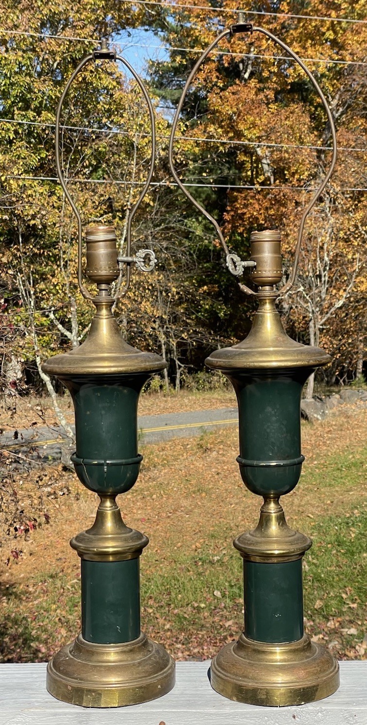 PAIR of Antique Green Hollywood Regency / Art Deco Urn Trophy Table Lamps