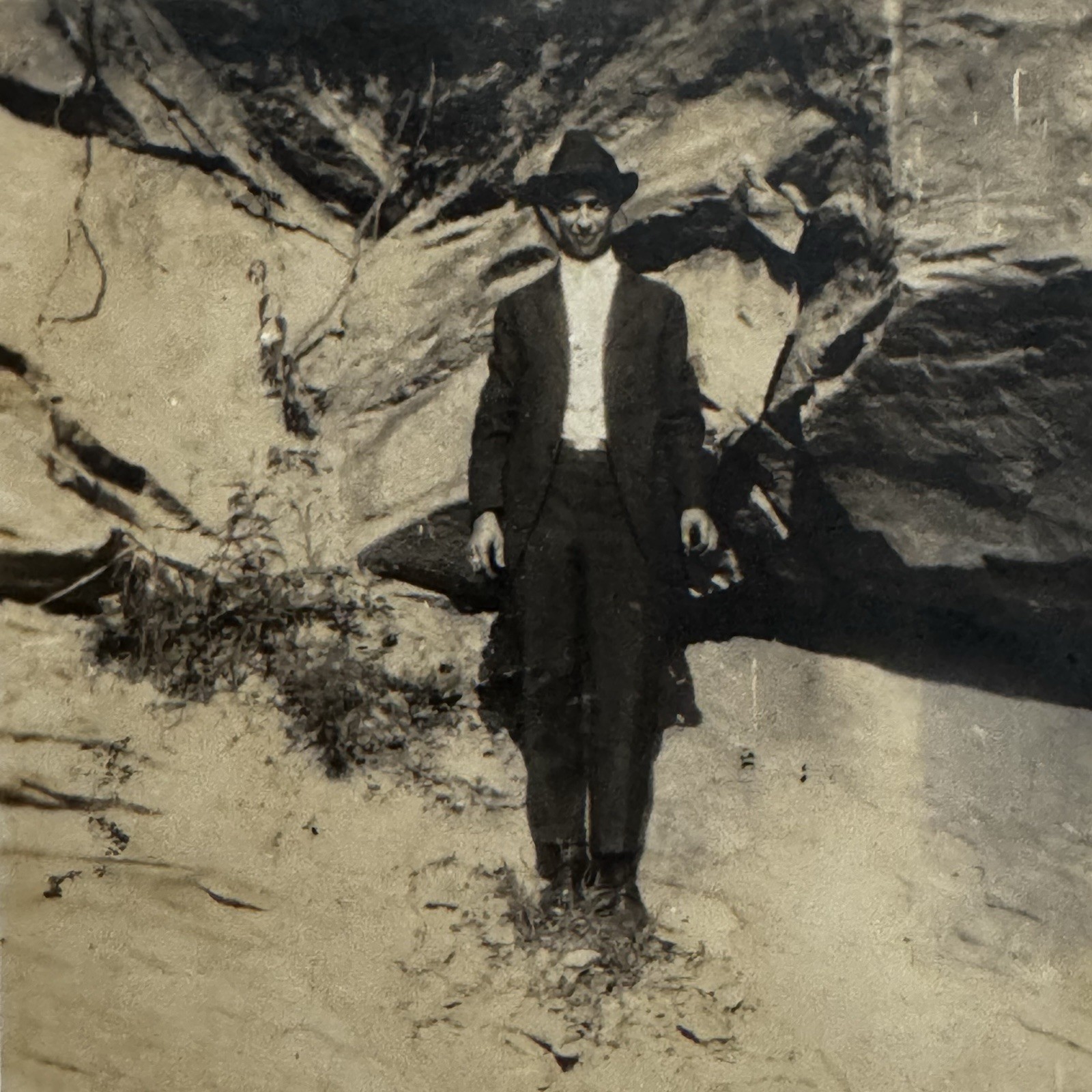 Antique Snapshot Photo Man in Suit Hat Rocky Landscape Real Photo RPPC Style 