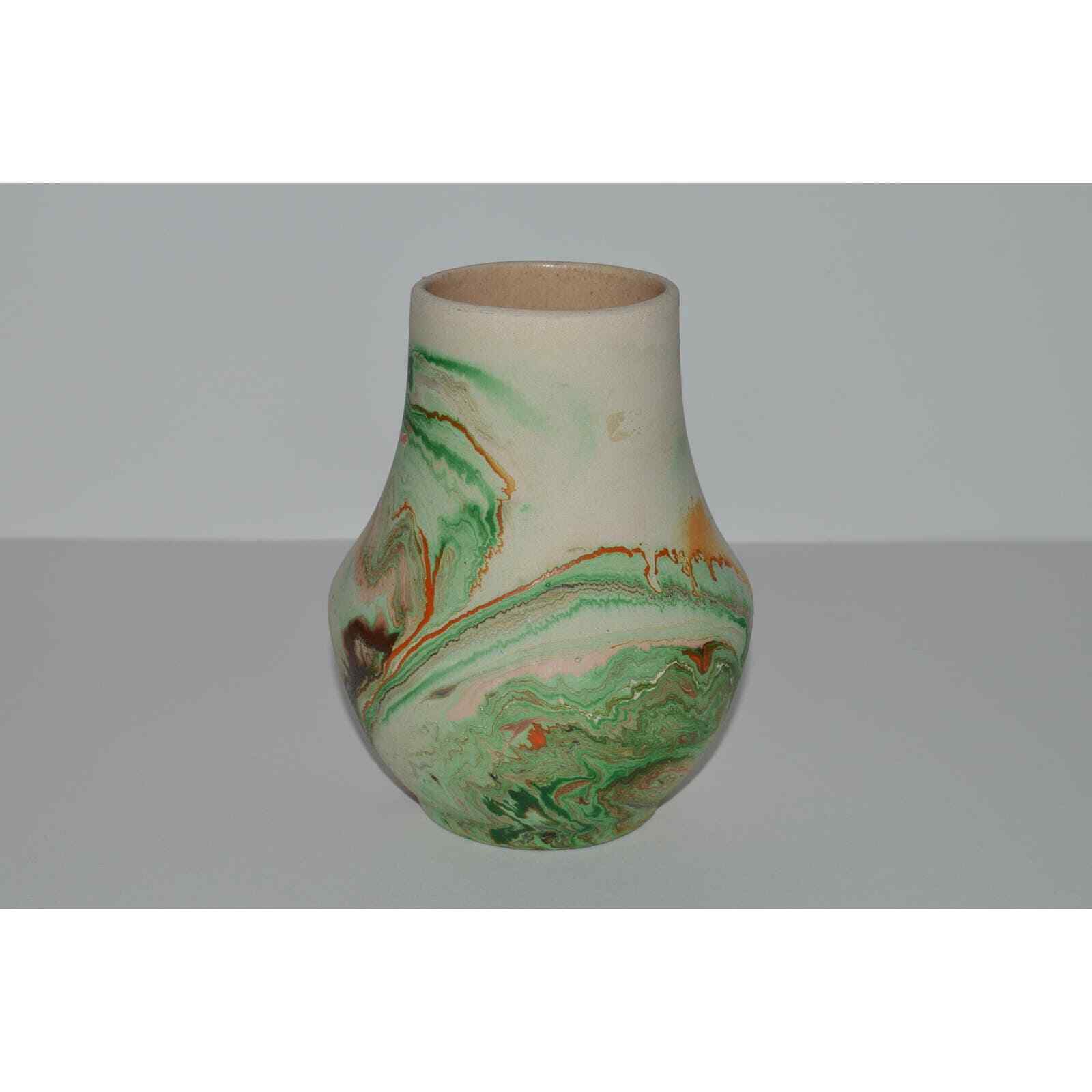 Nemadji Pottery Vase, Green Brown Swirl Hand Painted Clay Southwestern Decor