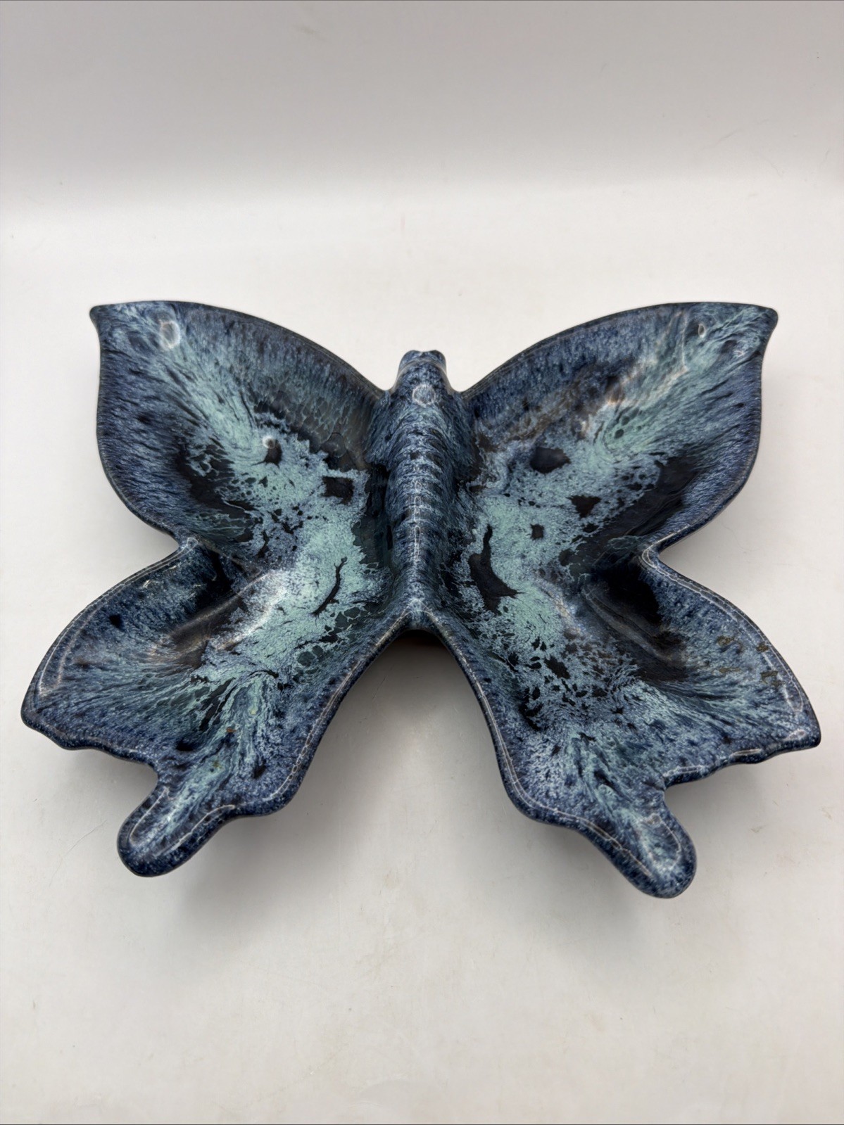 Anna Van Briggle Pottery Butterfly Blue Divided Dish Ashtray Vintage 8”