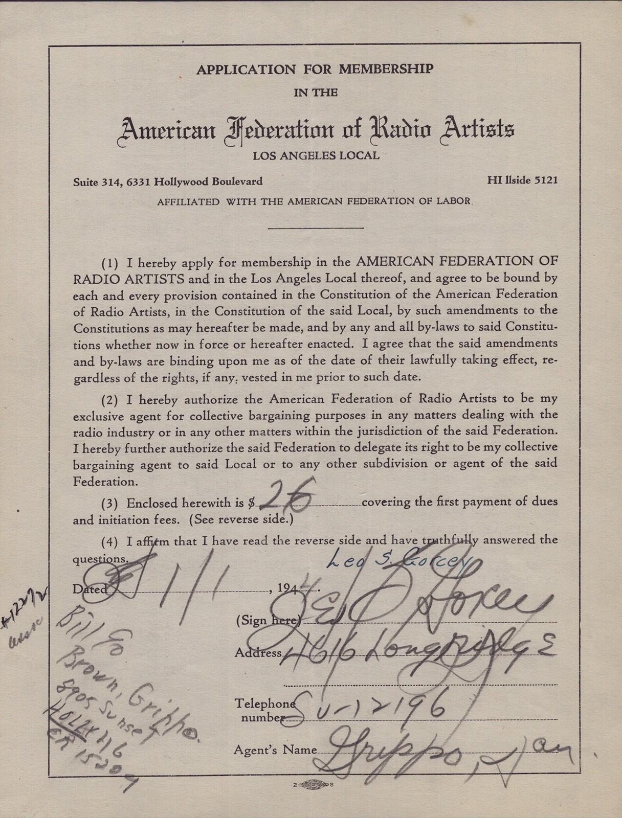 LEO B. GORCEY - DOCUMENT SIGNED 01/01/1944