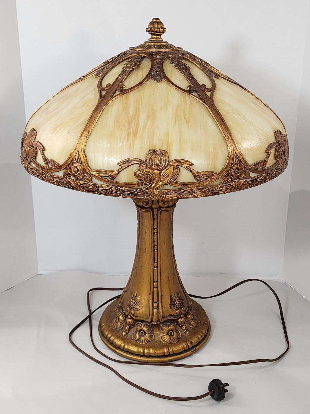 Carmel Slag Glass Panel Lamp - 22 in, Tested, Antique, Brown