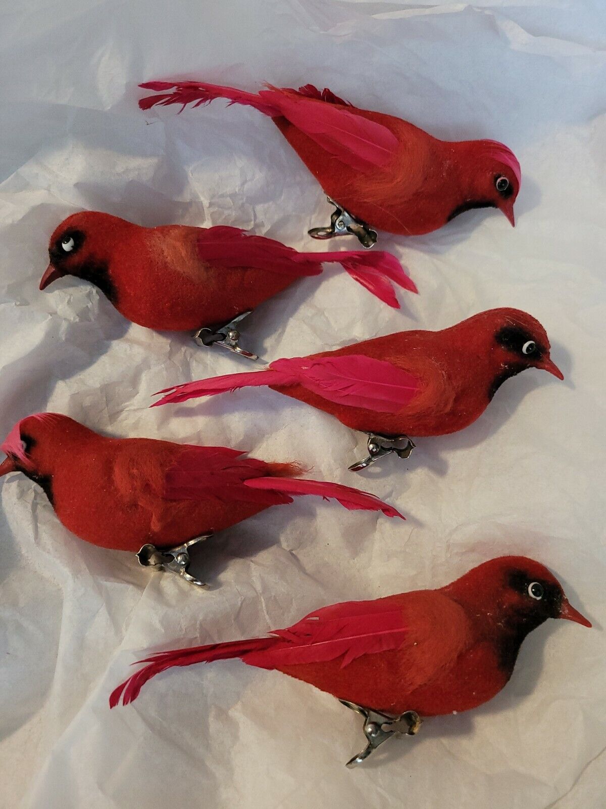 Lot of 5 Vintage Red Flocked Bird Clip Ornaments Pink Wings Christmas