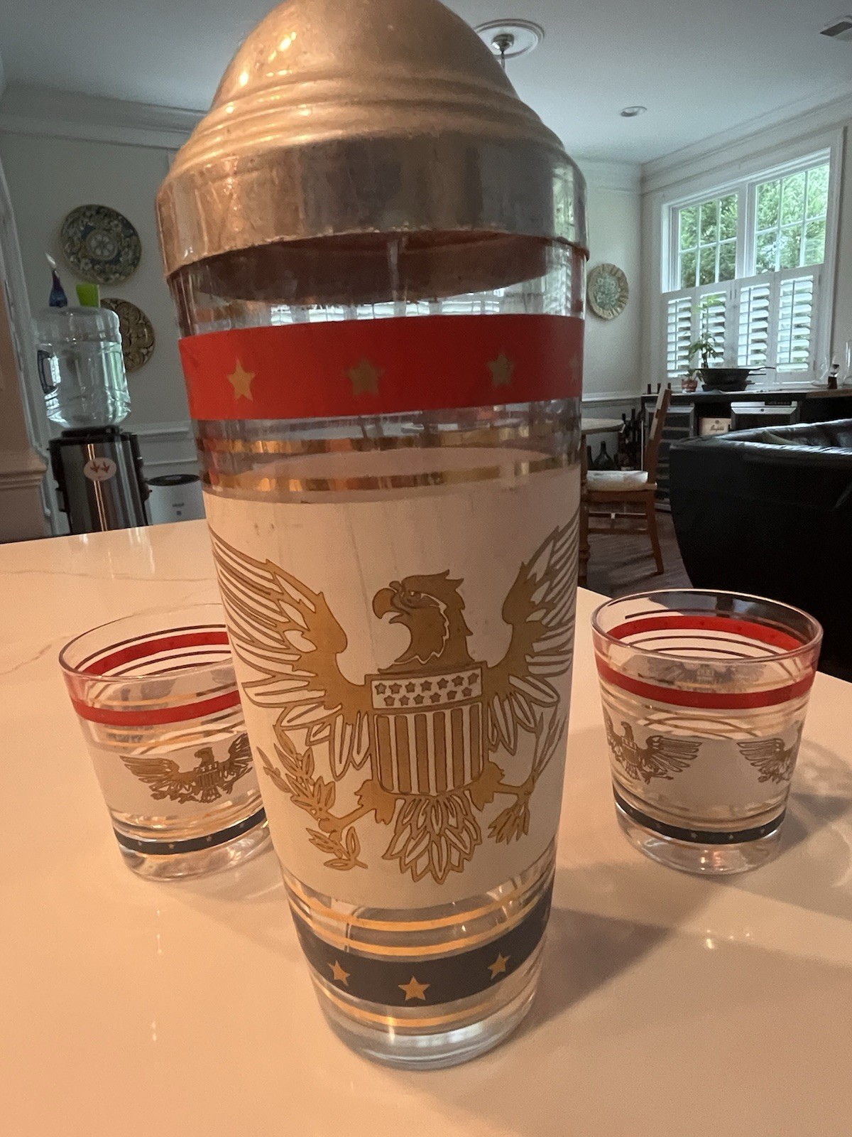 Vintage MGM Patriotic Eagle Cocktail Shaker and Glasses