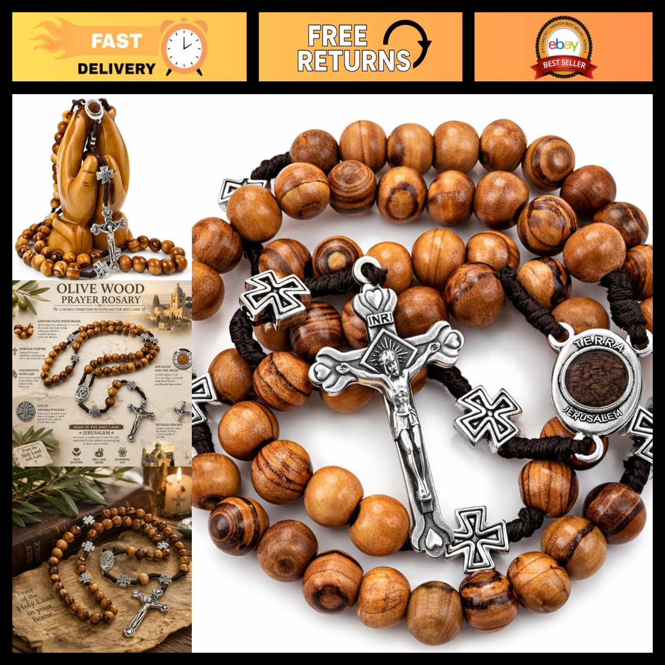 Olive Wood Catholic Rosary Beads with Jerusalem Holy Soil - Prayer Beads, Gift