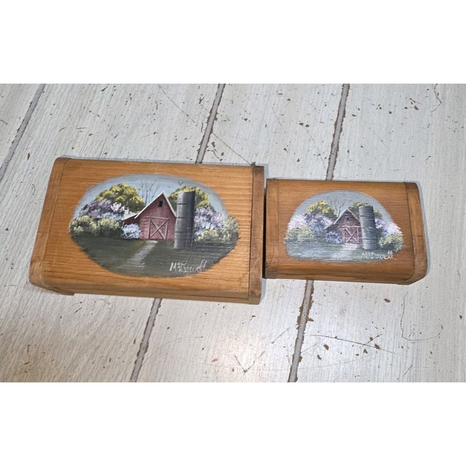 Vtg Handpainted/Made Trinket Storage Boxes Farm Barn Scene Stackable Signed