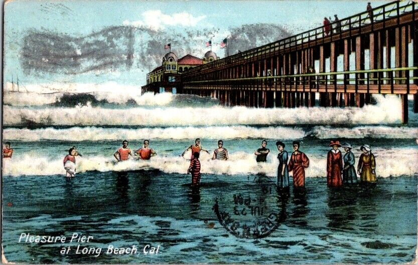  Postcard Swimmers in Waves Pleasure Pier Long Beach CA California 1910    H-322