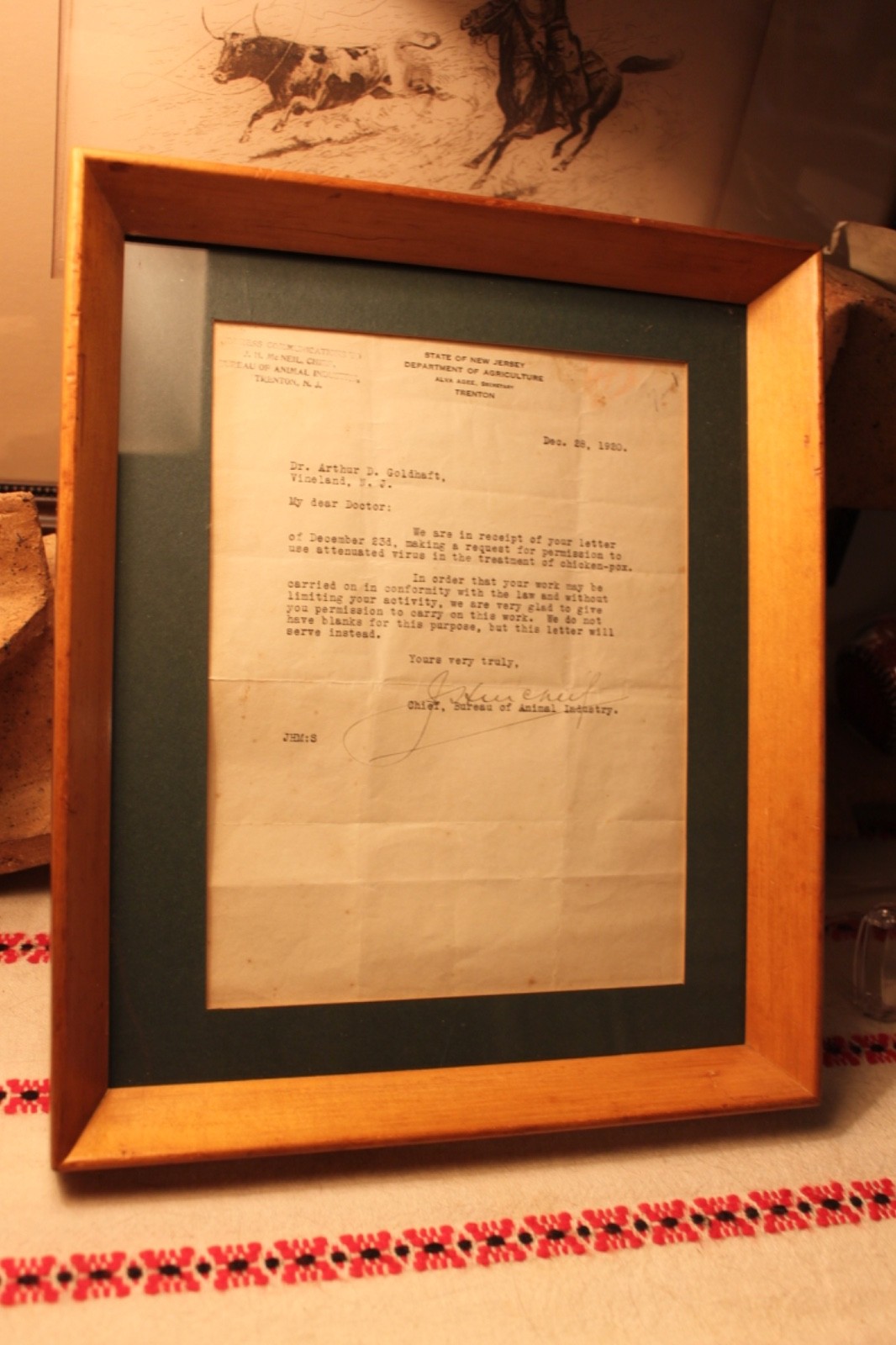 1920 Historical Document - RE: Chicken Pox Virus Treatment / State of New Jersey