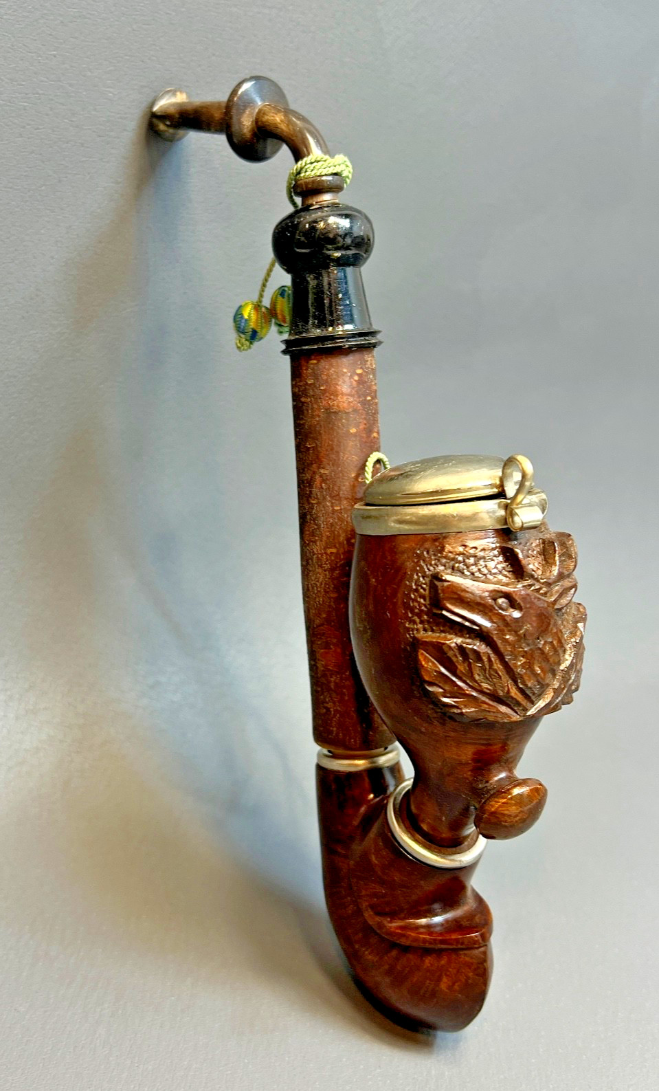 Antique German Tyrolean Hunter's Tobacco Wood Long Pipe Carved Deer Stag Wooden