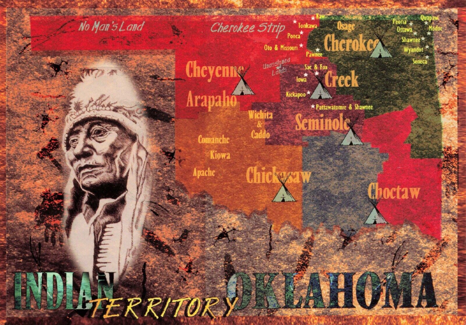 Oklahoma Indian Territory Map Vintage Postcard Unposted