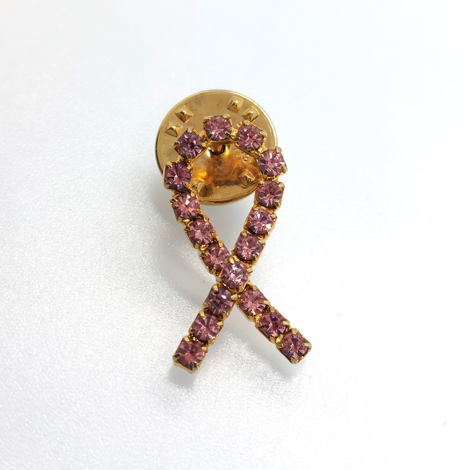 Vintage Pink Rhinestone Awareness Ribbon Pin Brooch Gold Tone Breast Cancer Hope