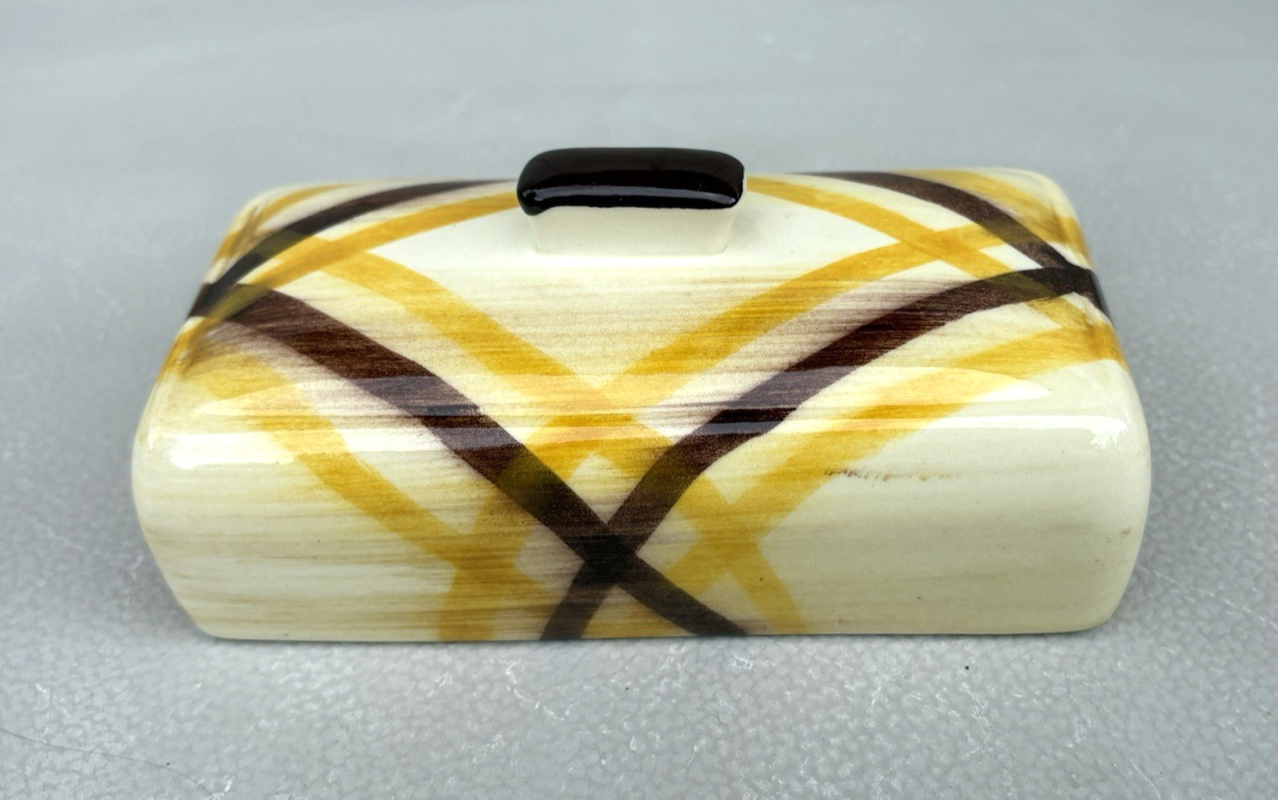 Vernon Kilns Metlox Organdie Covered BUTTER Dish LID ONLY Brown & Yellow Plaid