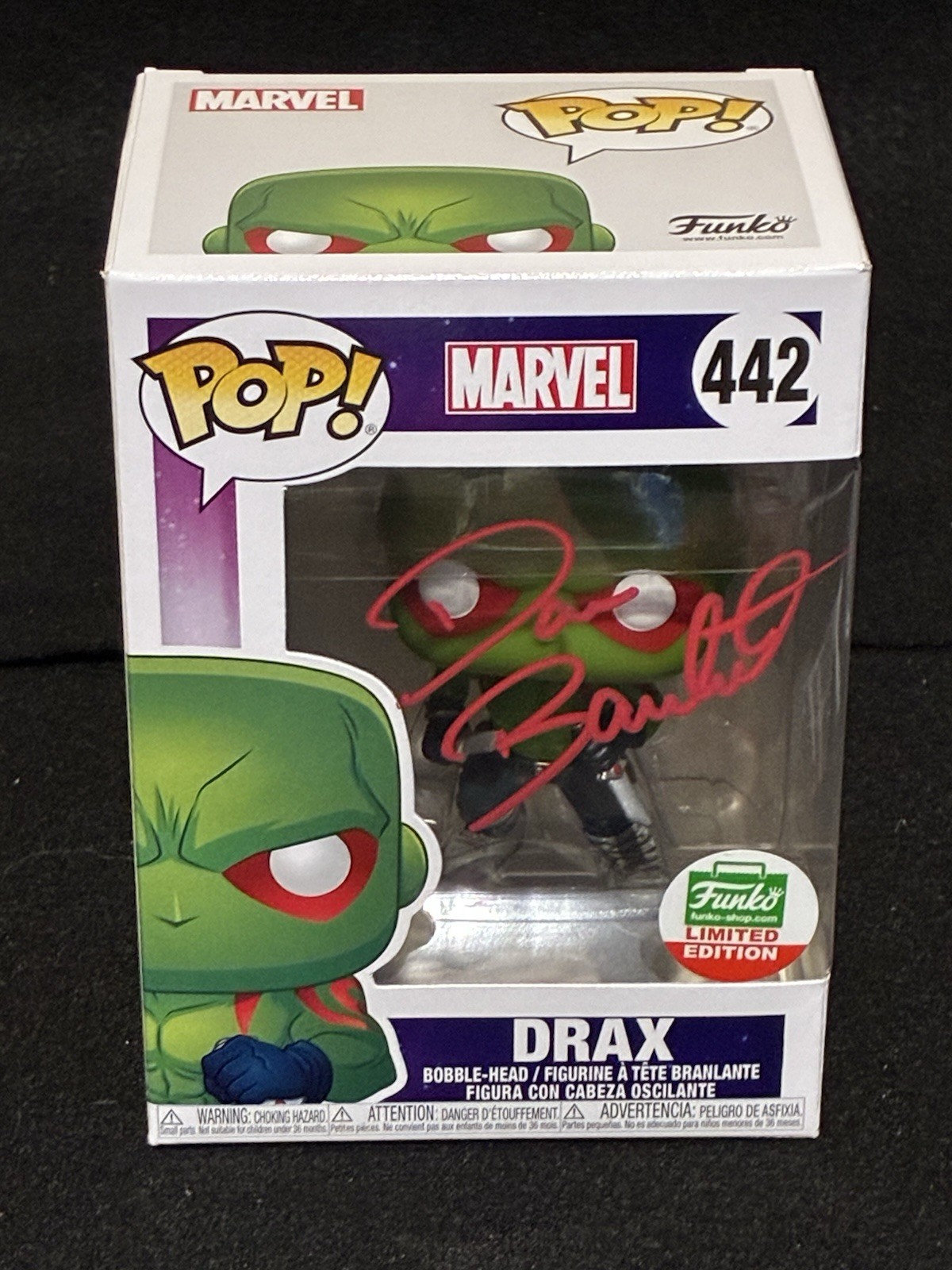 DAVE BAUTISTA FUNKO POP DRAX #442 SIGNED AUTOGRAPHED BECKETT WITNESSED WZ23085